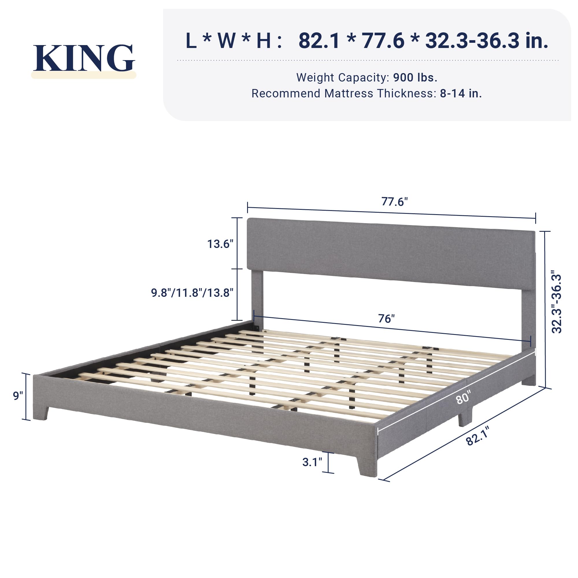 Allewie King Size Platform Bed Frame with Adjustable Upholstered Headboard - Sturdy Wood Slats & Heavy Duty Mattress Foundation - No Box Spring Needed - Quiet & Easy Assembly in Light Grey - Perfect for Master Bedroom, Guest Room or Modern Apartment