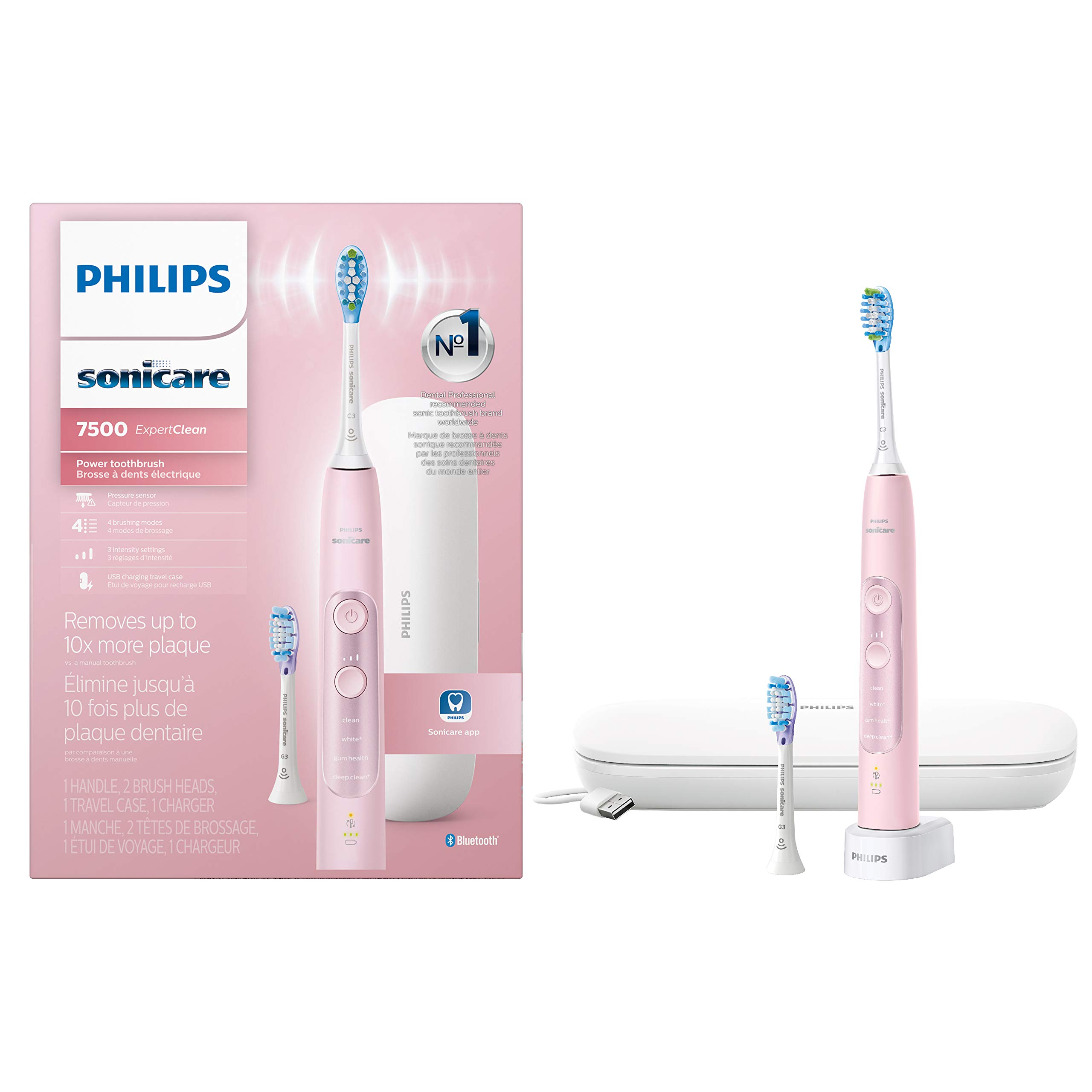 Philips Sonicare ExpertClean 7500 Pink Electric Toothbrush - Rechargeable Power Toothbrush with Smart Sensor, HX9690/07 - Perfect for Travel & Daily Oral Care