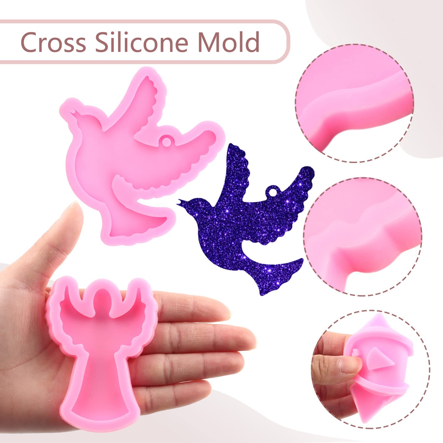 DIY Cross Resin Keychain Mold Set of 5 - Angel Silicone Molds for Epoxy Resin Jewelry Making, Polymer Clay & Ribbon Crafts - Perfect for Handmade Gifts, Christmas Ornaments & Home Decor
