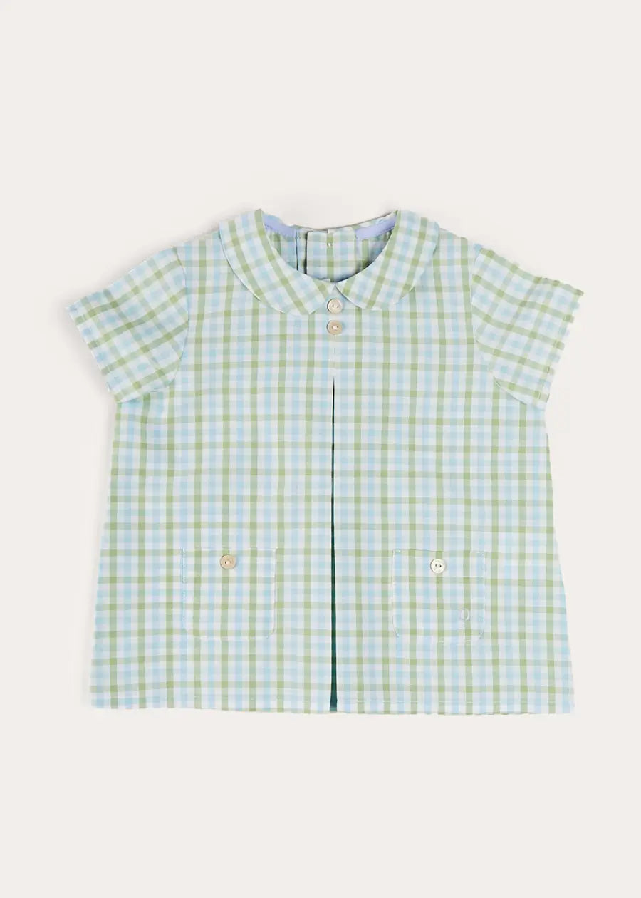 Maxwell Gingham Peter Pan Collar Short Sleeve Shirt for Baby & Toddler - Green Plaid Cotton Top (18 Months to 5 Years) | Casual Outfit, Photo Shoot & Special Occasion Wear