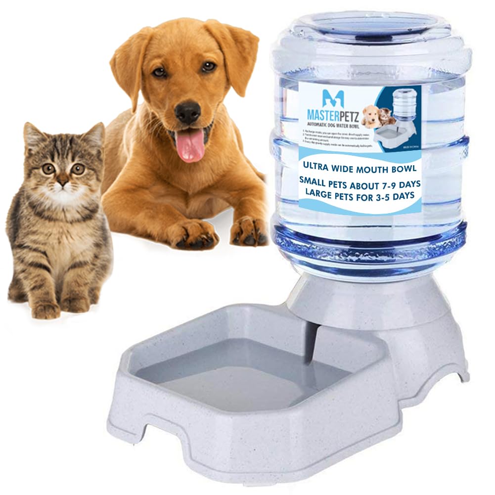 Automatic Pet Water Dispenser - 1 Gallon (3.8L) Gravity Water Bowl for Dogs & Cats Under 30lbs, Wide Stainless Steel Bowl with Safety Lock | Perfect for Home, Office & Travel Use | Includes Free Dog Food Recipe eBook