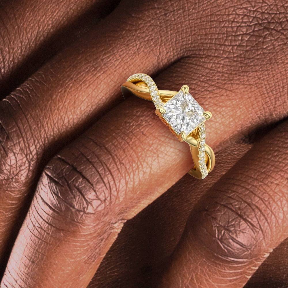 Princess Cut Moissanite Twisted Band Engagement Ring with Hidden Accents - Elegant Wedding Jewelry for Brides, Anniversary Gifts & Proposal Scenes