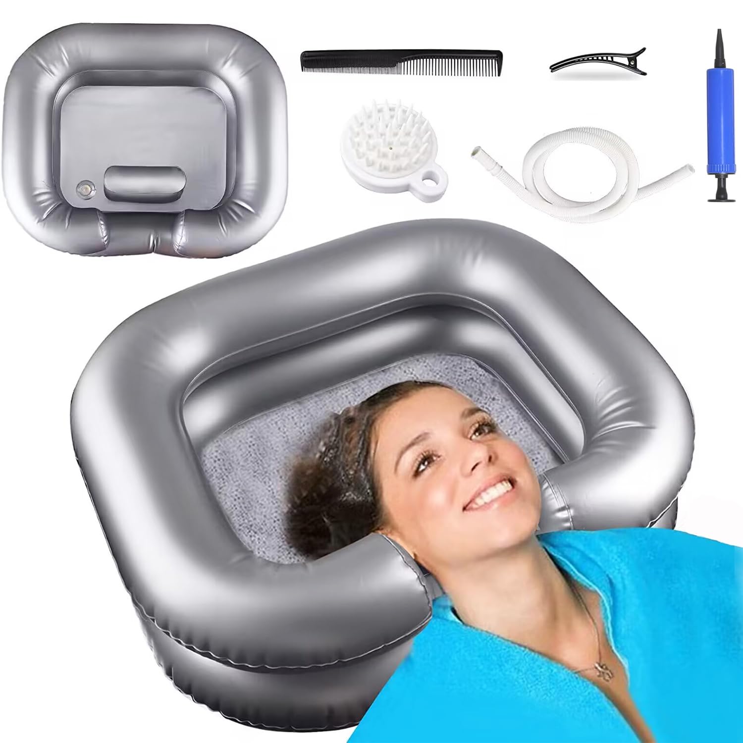 **Portable Inflatable Hair Washing Basin for Elderly, Bedridden & Handicapped - Shampoo Bowl for Pregnant Women & Kids - Home Use Sink Tray (Silver) - Perfect for Home Care, Travel & Salon Use**
