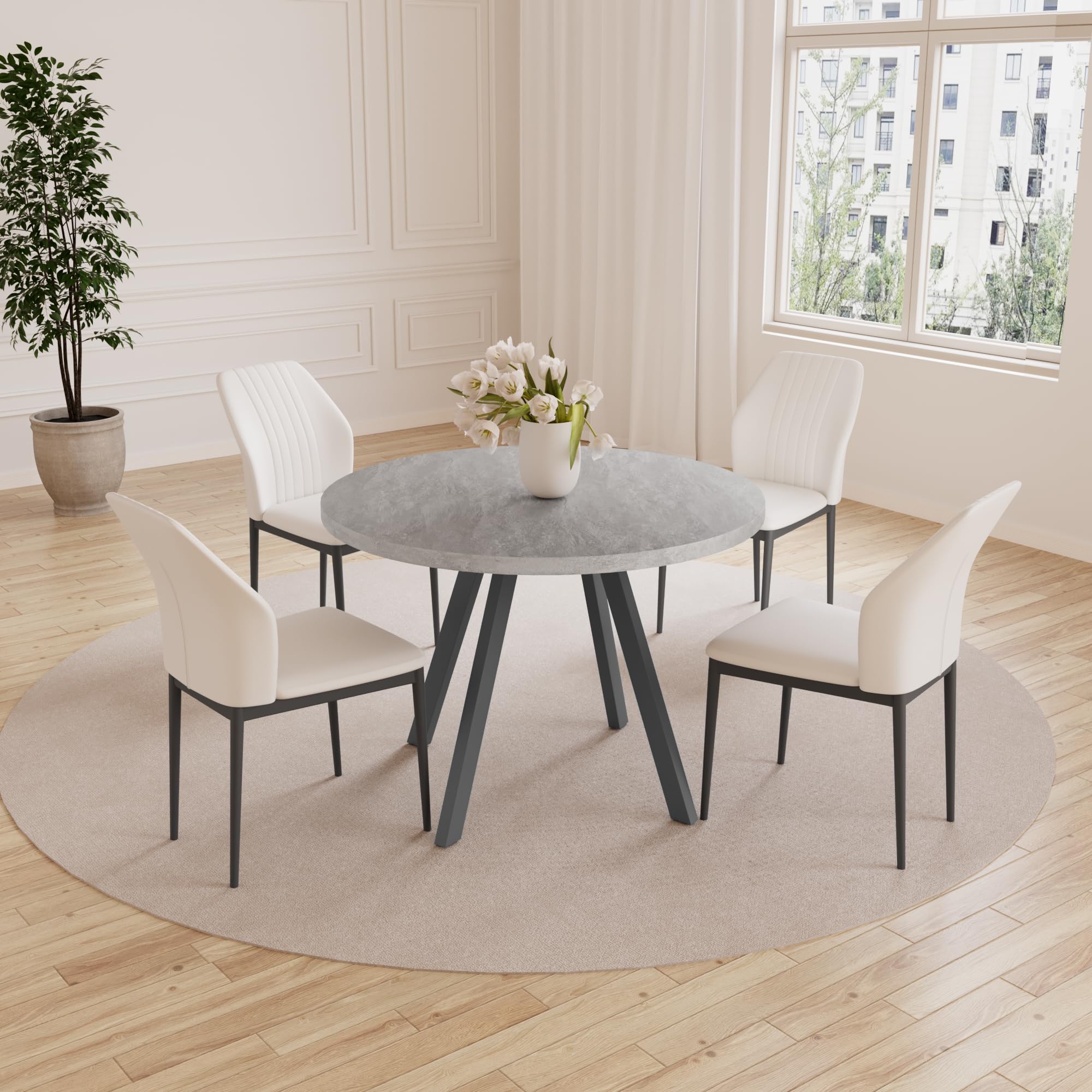 Space-Saving 4-Piece Dining Table Set with Grey Table & 4 White Chairs - Perfect for Small Apartments, Kitchen & Dining Room | Compact Furniture for Cozy Meals & Entertaining