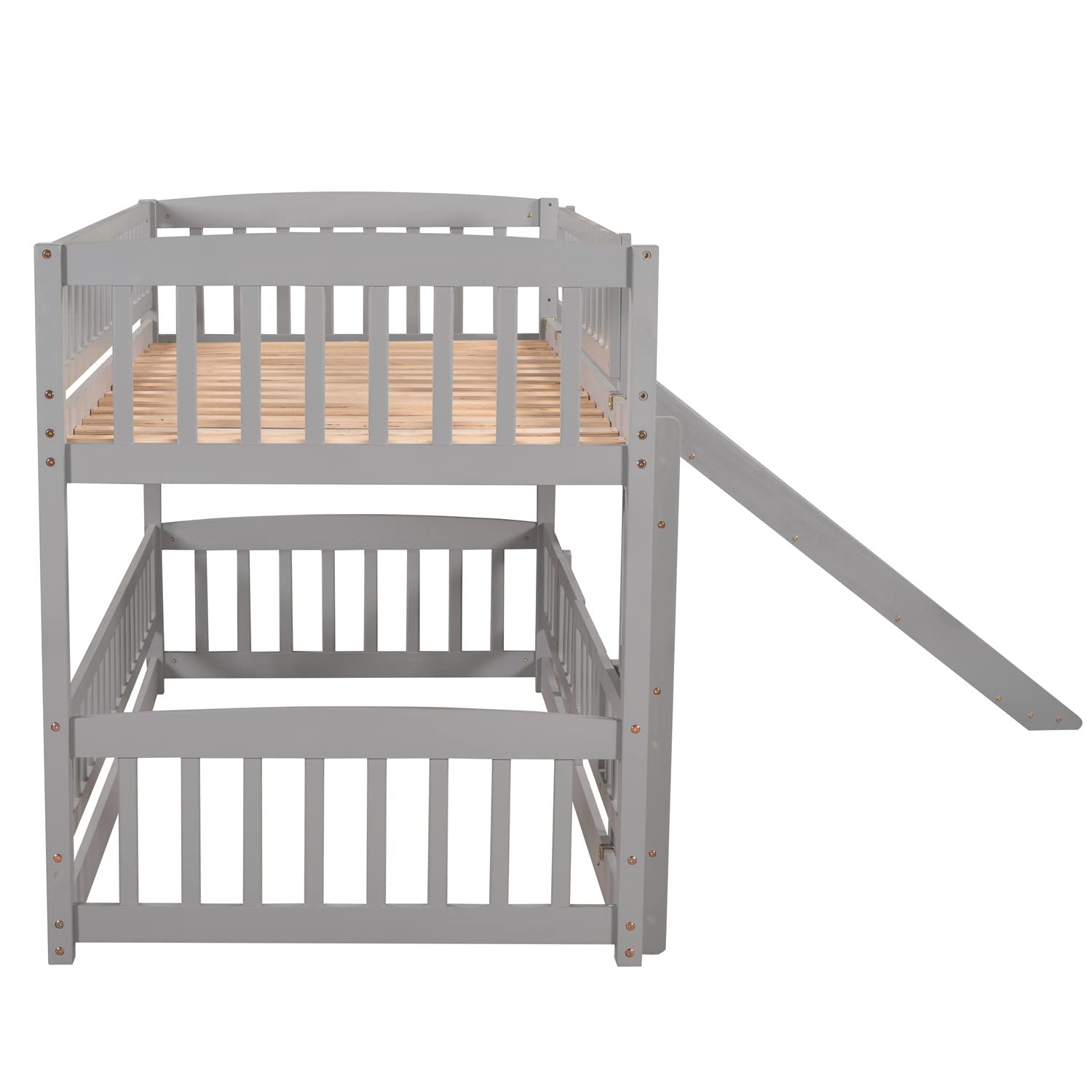 Twin Over Twin Bunk Bed with Slide - Solid Wood Bunk Bed Frame with Double Doors, Safety Fence & Ladder for Kids, Teens & Adults - Space-Saving Grey Bunk Bed No Box Spring Needed - Perfect for Small Bedrooms, Kids' Rooms & Guest Rooms