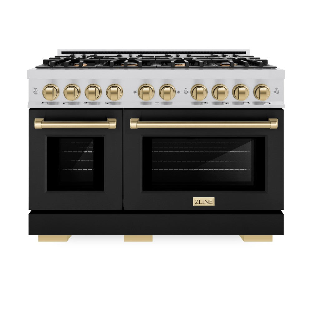 ZLINE Autograph Edition 48-Inch 6.7 cu. ft. Professional Double Oven Gas Range with 8 Burner Cooktop - Stainless Steel with Black Matte Doors & Champagne Bronze Accents (HGRZ BLM 48 CB) - Perfect for Gourmet Kitchens & Home Chefs