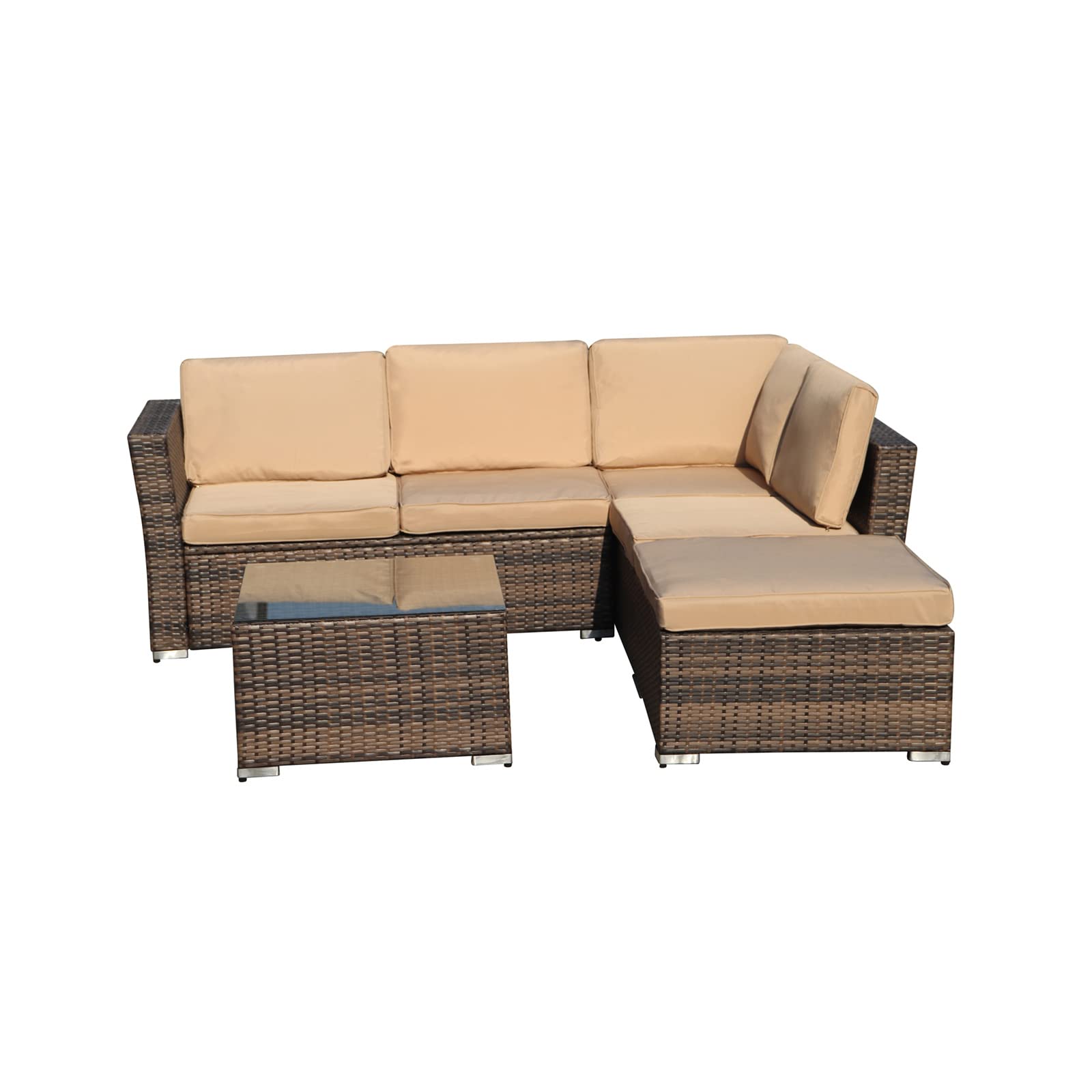 VERYKE 4-Piece All-Weather Outdoor Patio Furniture Set - Wicker Rattan Sectional Sofa with Waterproof Cushion & Tempered Glass Table - Brown - Perfect for Backyard, Garden, Poolside & Patio Relaxation