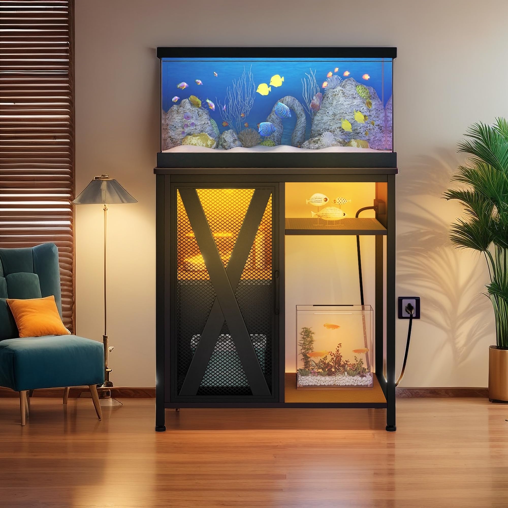 YITAHOME 20-29 Gallon Metal Aquarium Stand with Power Outlets & LED Light - Heavy Duty Fish Tank Stand with Storage Cabinet for Turtle Tanks, Reptile Terrariums - 350LBS Capacity, Black - Perfect for Home, Office & Pet Store Displays