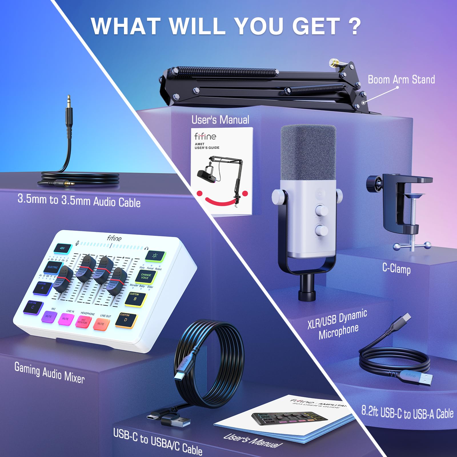 FIFINE AM8TW+SC3W Professional USB Microphone Kit with Audio Mixer - Studio Quality Streaming Mic for Gaming, Podcasting & Vocal Recording - Includes Headphone Jack, Gain Control, Boom Arm & Slider Faders (Perfect for Twitch, YouTube & Discord Streaming)