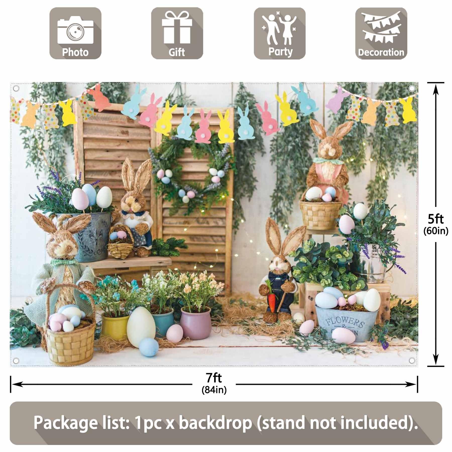 7x5ft Spring Easter Photography Backdrop - Colorful Bunny Garden with Eggs & Flowers - Rabbit Flag Baby Kids Portrait Photo Booth Props for Easter Party, Baby Shower & Spring Celebrations