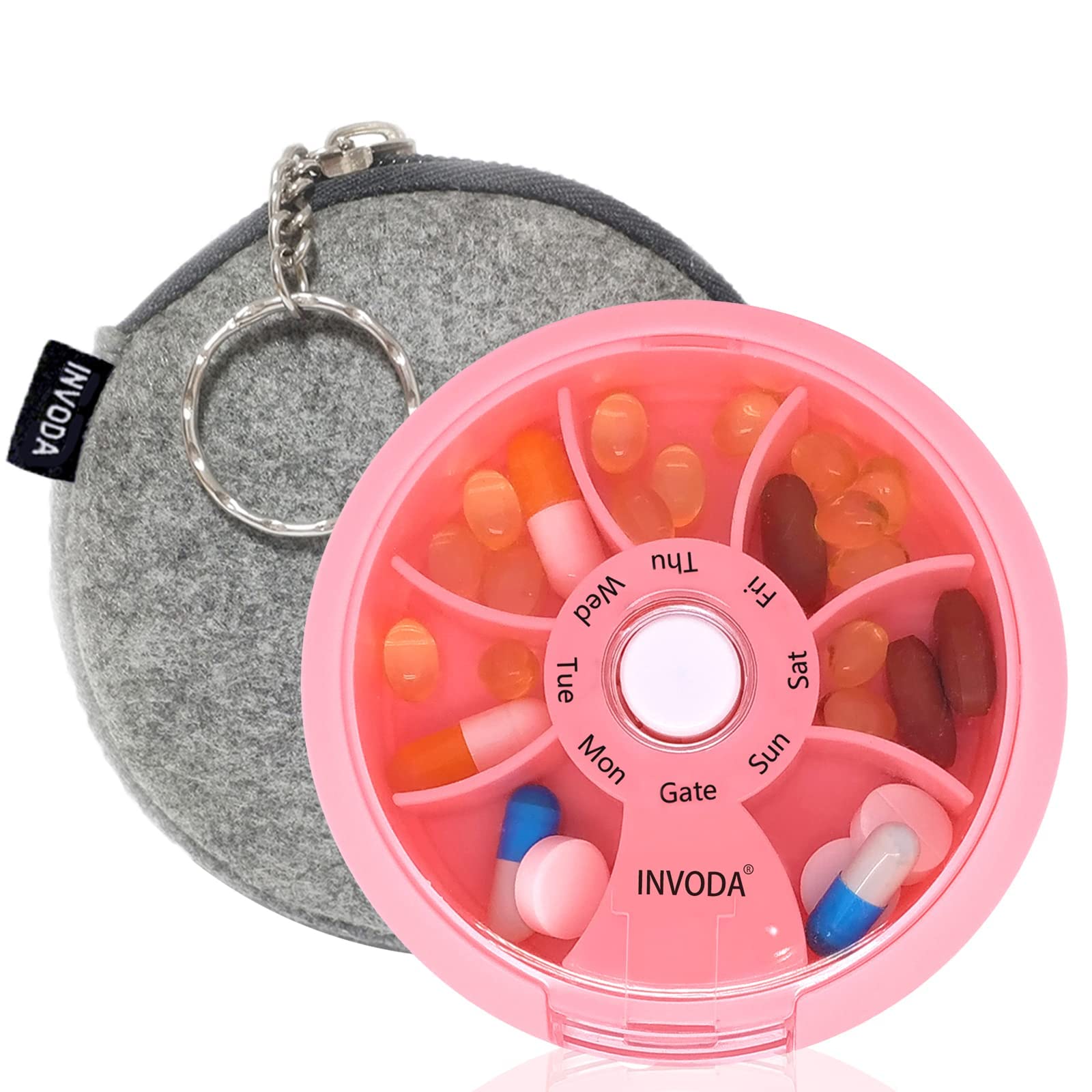Portable Weekly Pill Organizer - Cute Round Travel Pill Case with Purse & Bag - Small Medicine Container for Daily Use, Travel, and On-the-Go (Pink) - Perfect for Home, Office, Gym, and Vacation