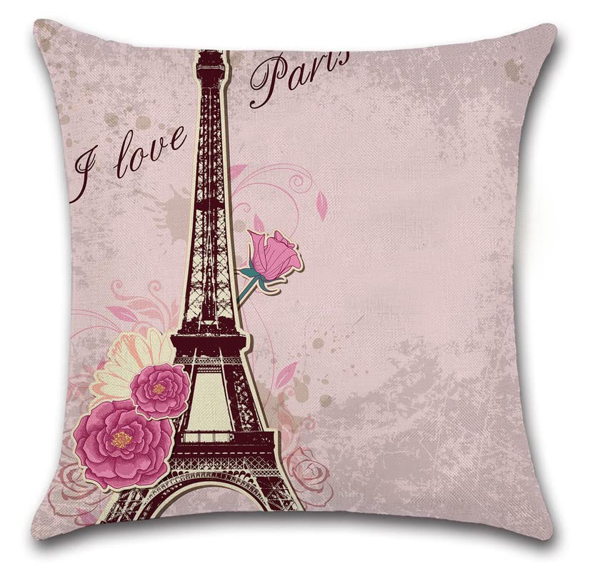 Elegant Pink Roses & Eiffel Tower Throw Pillow Covers 18x18 Inch - Parisian Home Decor for Sofa, Couch & Bedroom - Square Cushion Case with Floral French Design