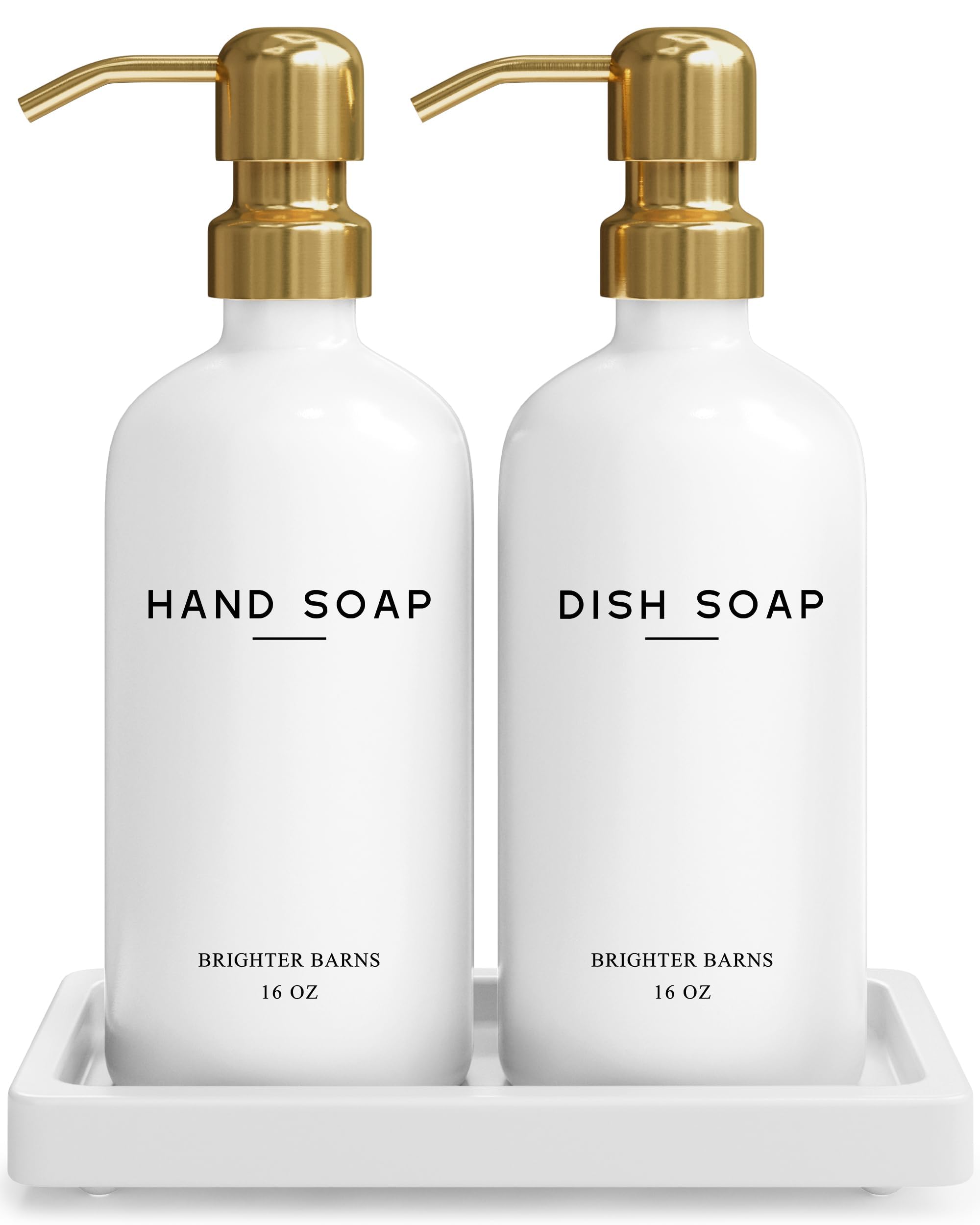 Luxury Glass Hand and Dish Soap Dispenser Set - White and Gold Kitchen Soap Dispenser with Tray | Elegant Sink Organizer for Bathroom & Kitchen Decor | Perfect for Modern Farmhouse, Apartment, and Restaurant Use