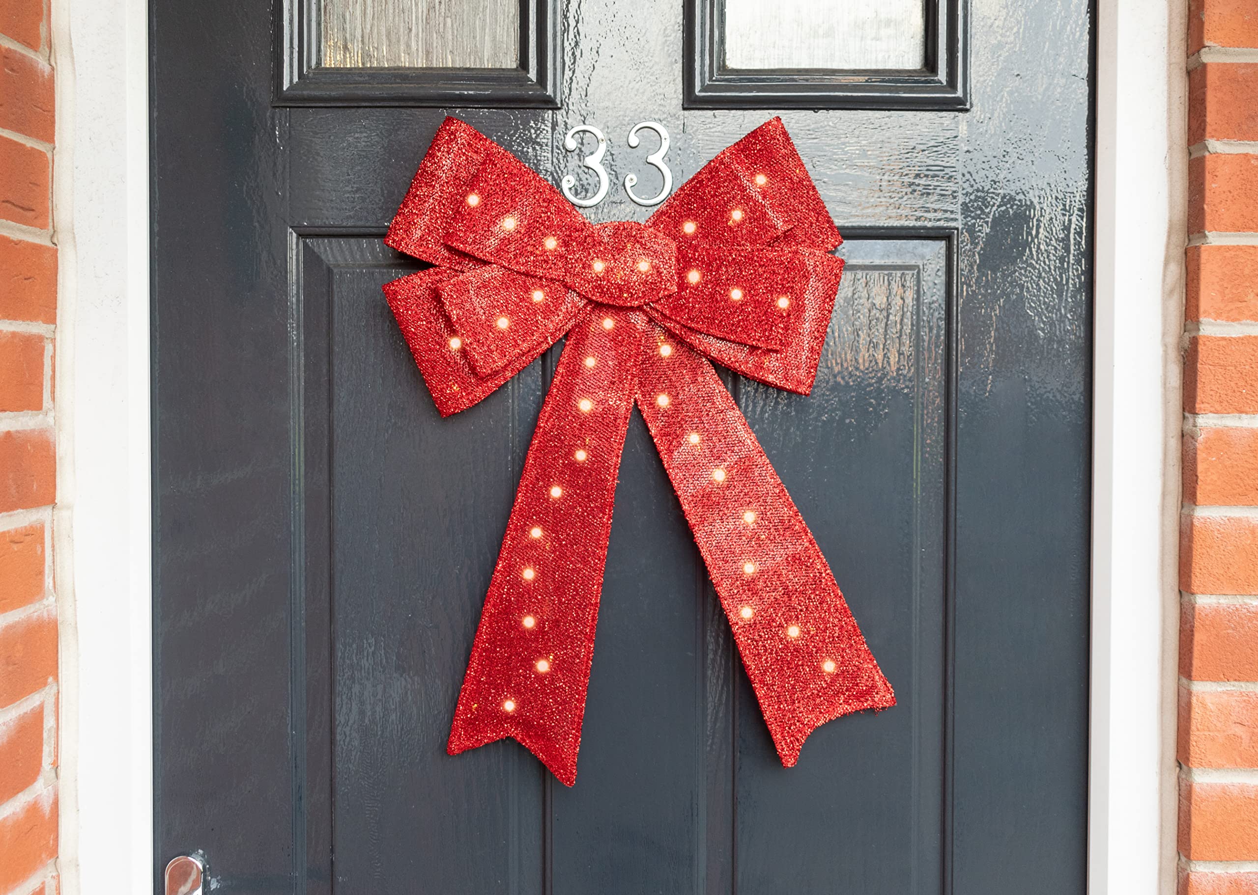 Pre-Lit Christmas Bows with 30 LED Lights - Red for Tree & Door Decor