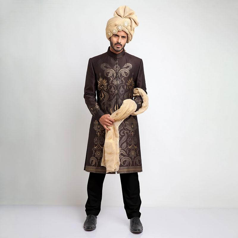 Elegant Chocolate Brown Brocade Sherwani for Men - Perfect for Weddings, Festivals & Special Occasions