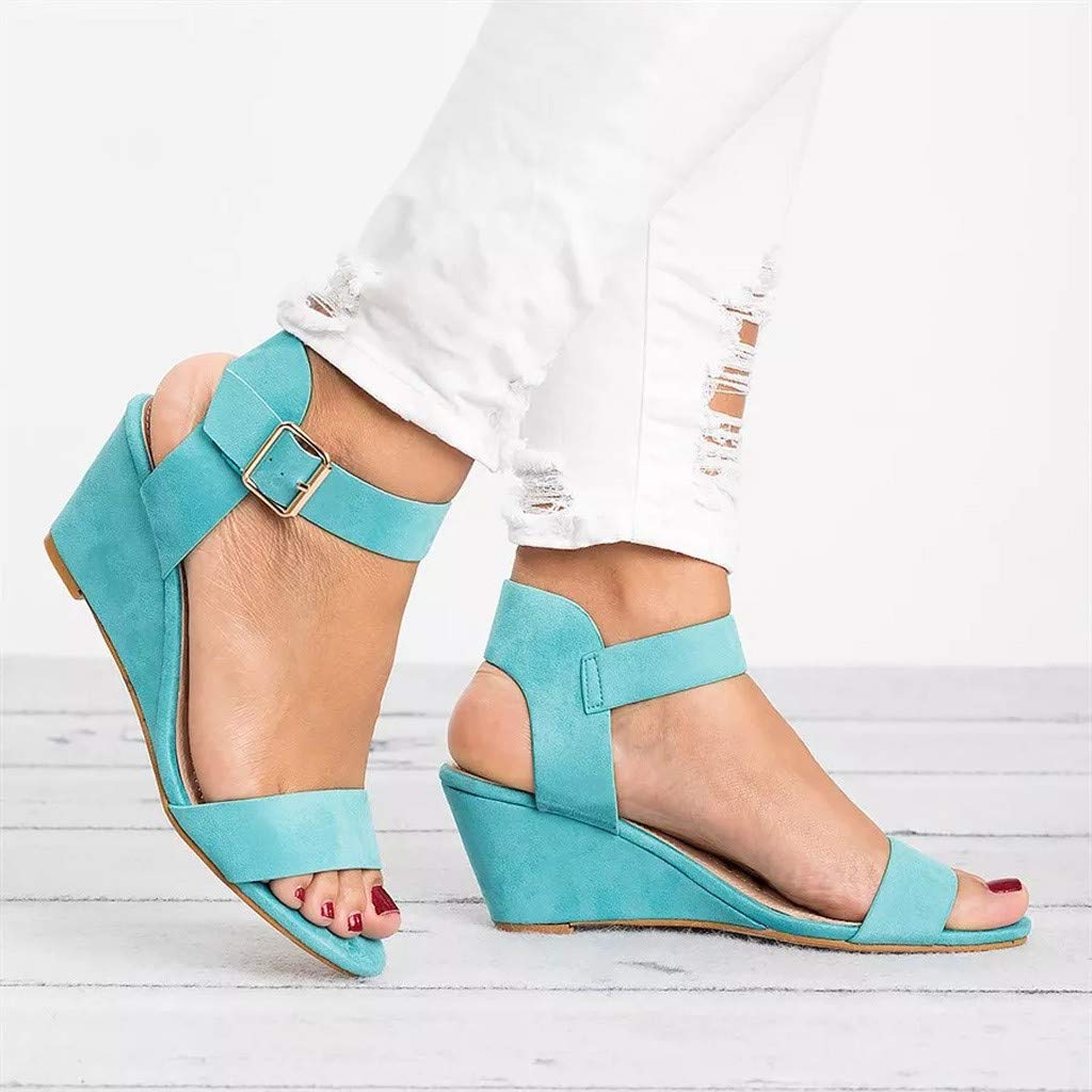 Women's Comfortable Buckle Wedge Sandals - Solid Color Summer Casual Shoes for Walking, Travel & Beach Outfits