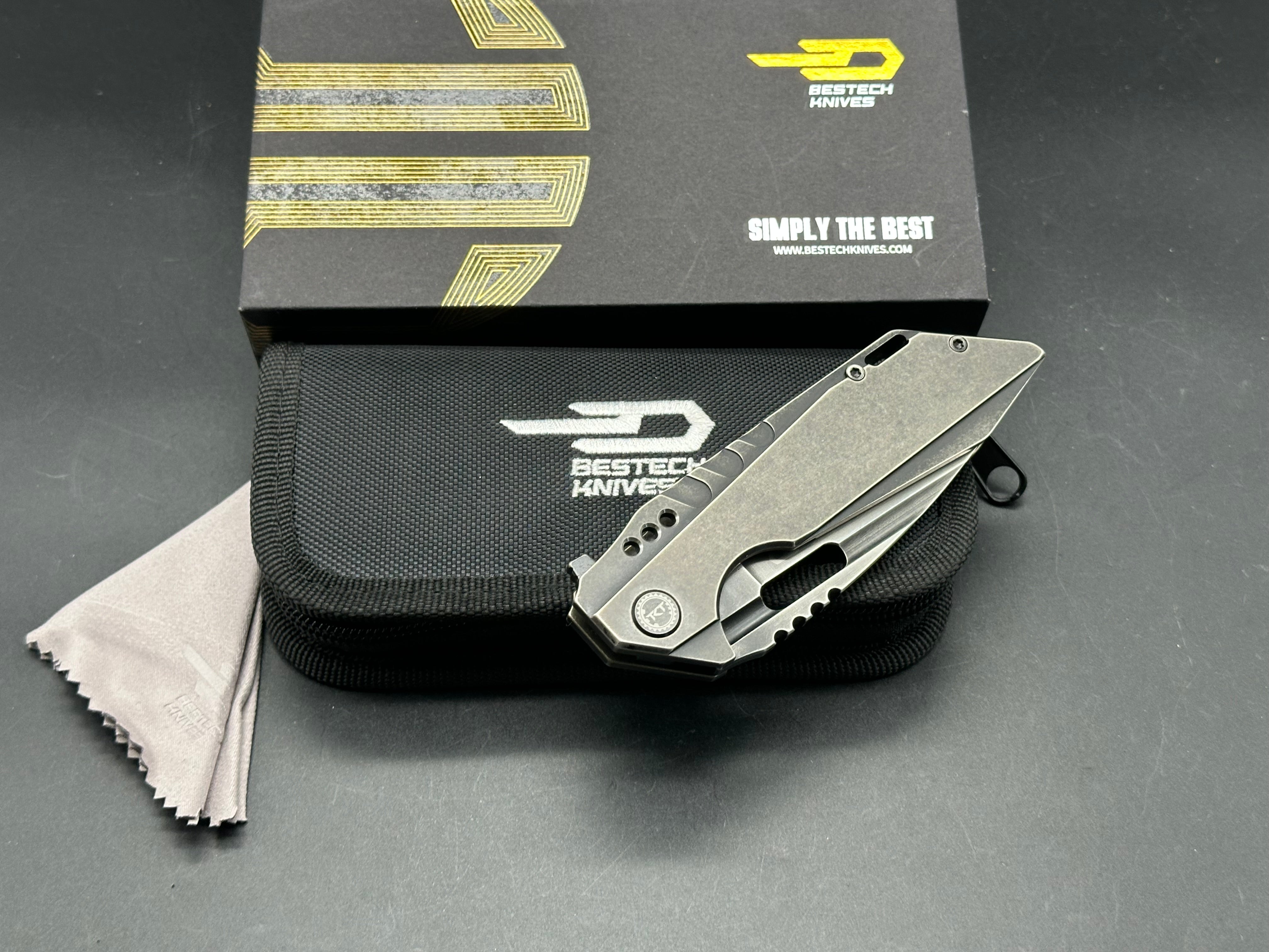 Bestech & TKT Shodan Folding Knife - Antique Dark Bronze Stonewash Titanium Handle - EDC Pocket Knife for Outdoor Camping, Hiking & Everyday Carry
