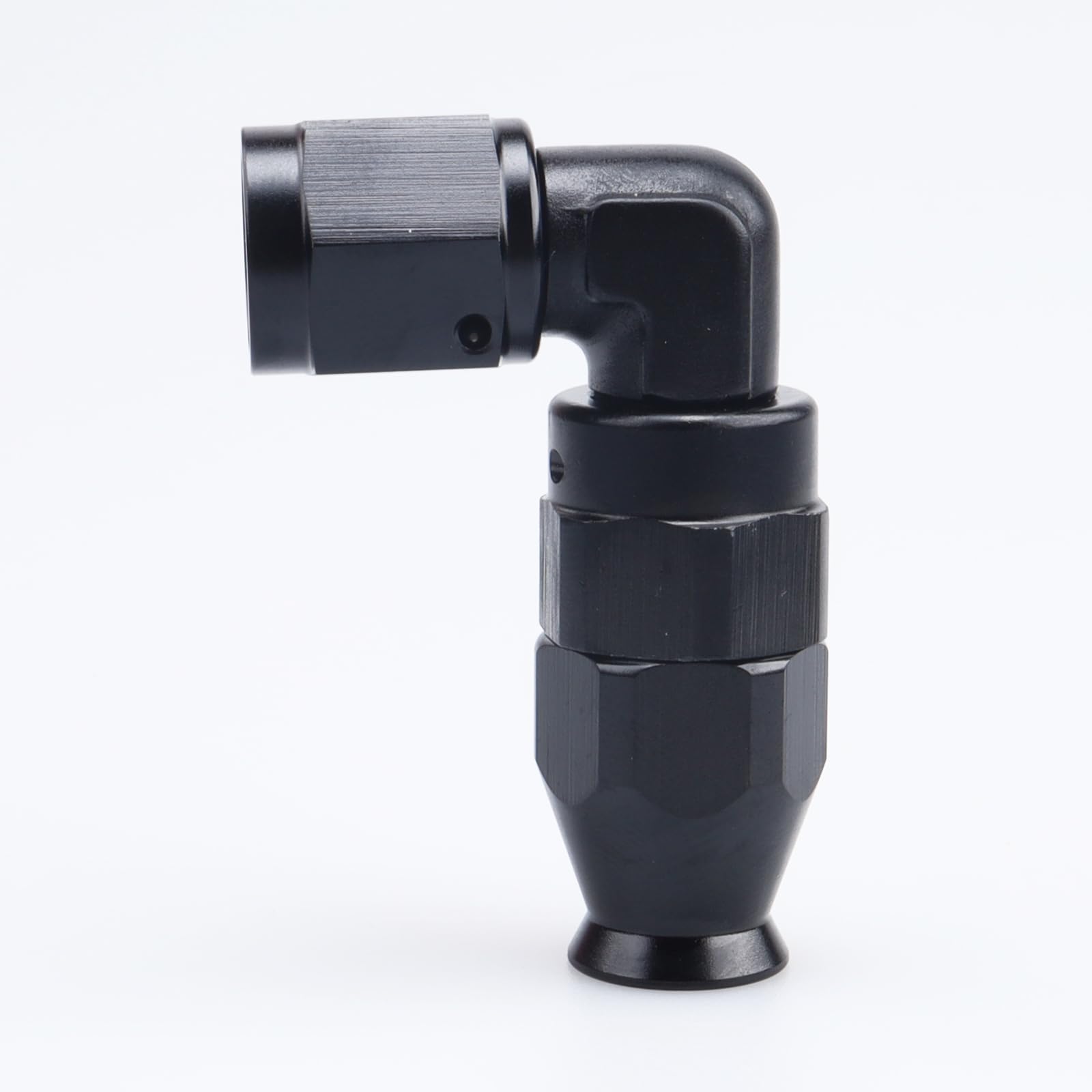 Black Aluminum -4 AN 90° Swivel Fitting for PTFE Fuel Hose - High-Performance Fuel Line Connection