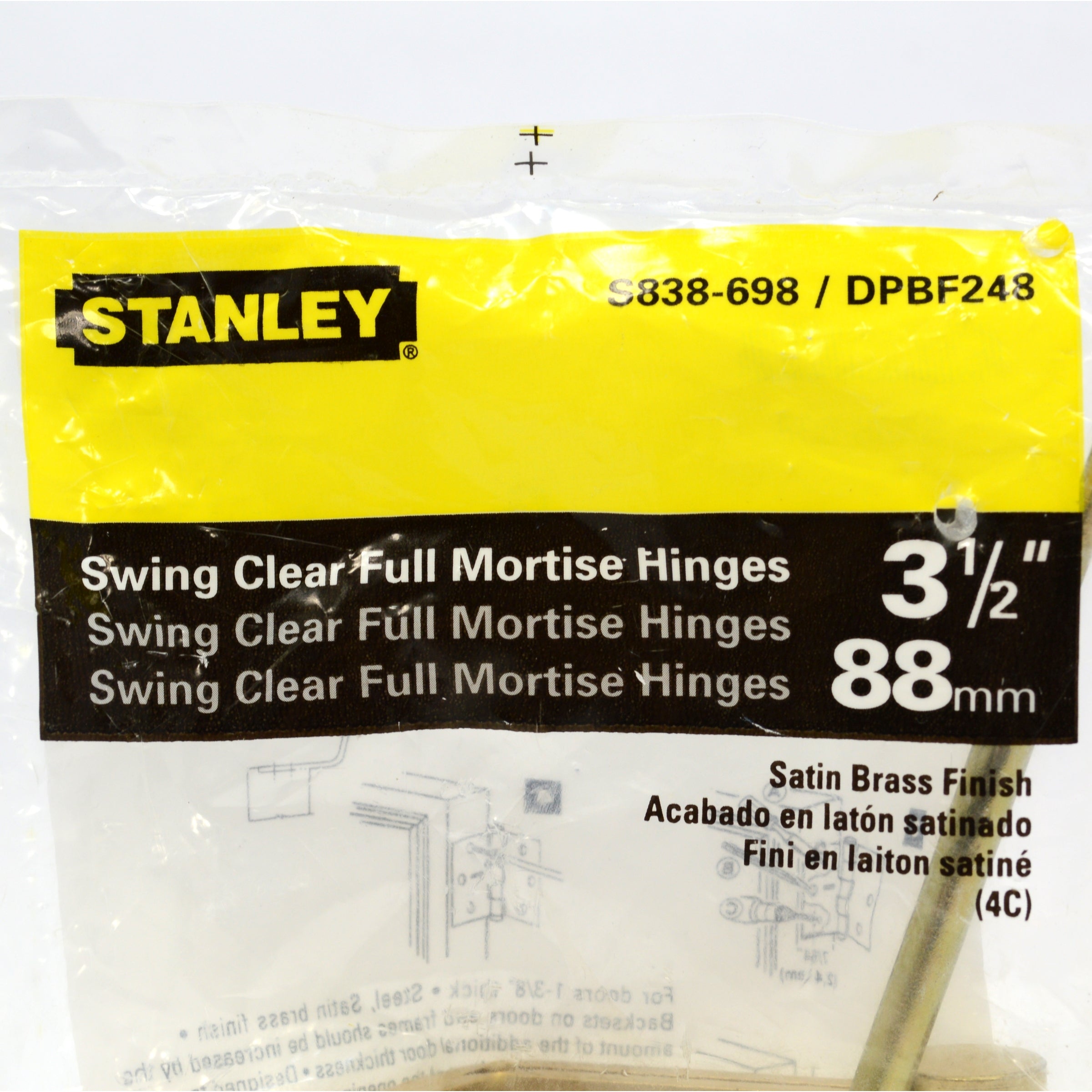 STANLEY S838 698/DPBF248 Full Mortise Swing Clear Hinges - Satin Brass Finish - Heavy Duty Door Hinges for Interior/Exterior Doors - Perfect for Homes, Offices & Commercial Buildings