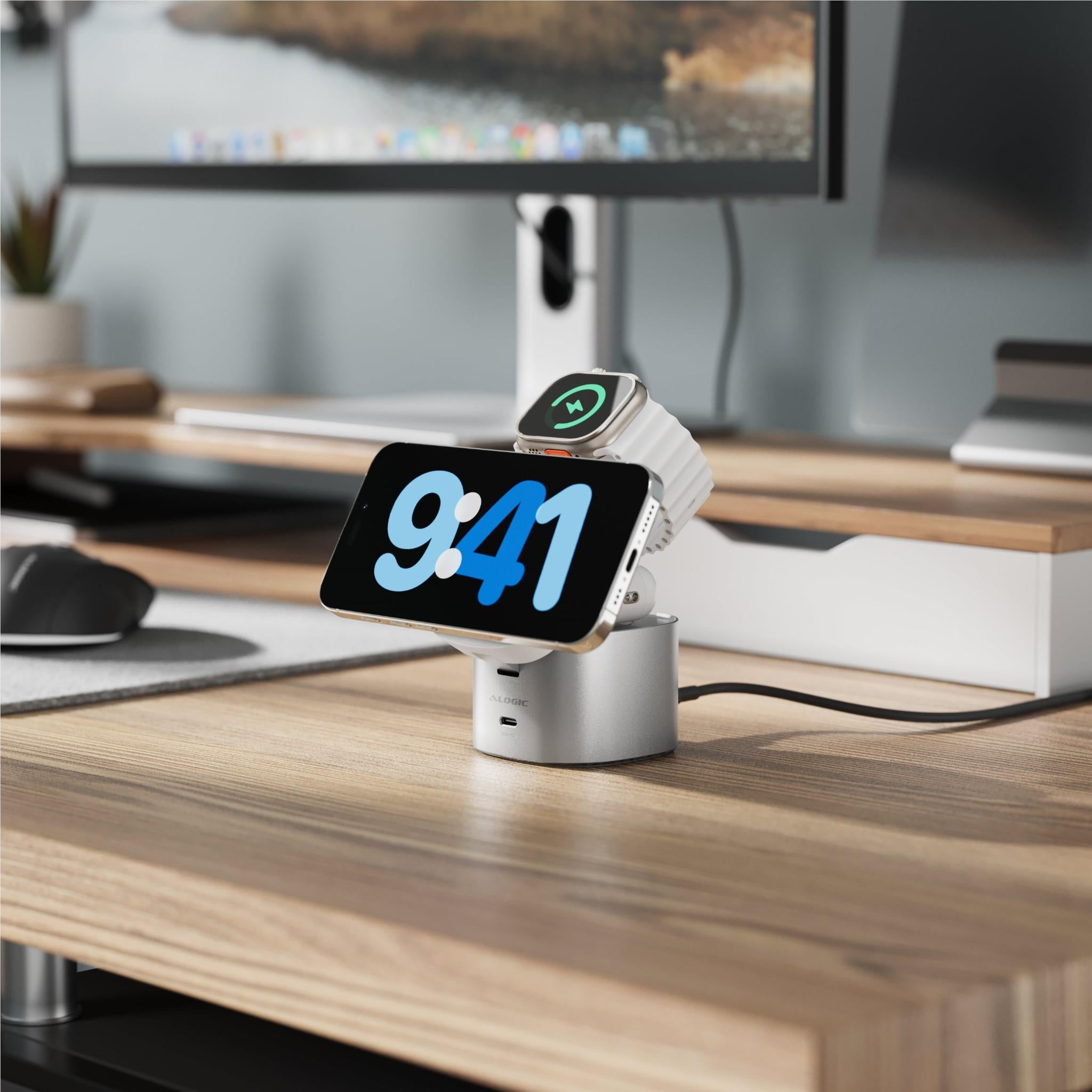 Alogic Powerpod 4-in-1 Qi2 Fast Wireless Charging Stand for iPhone 15/14/13, AirPods, Apple Watch - White | Multi-Device Charging Station for Home, Office & Travel