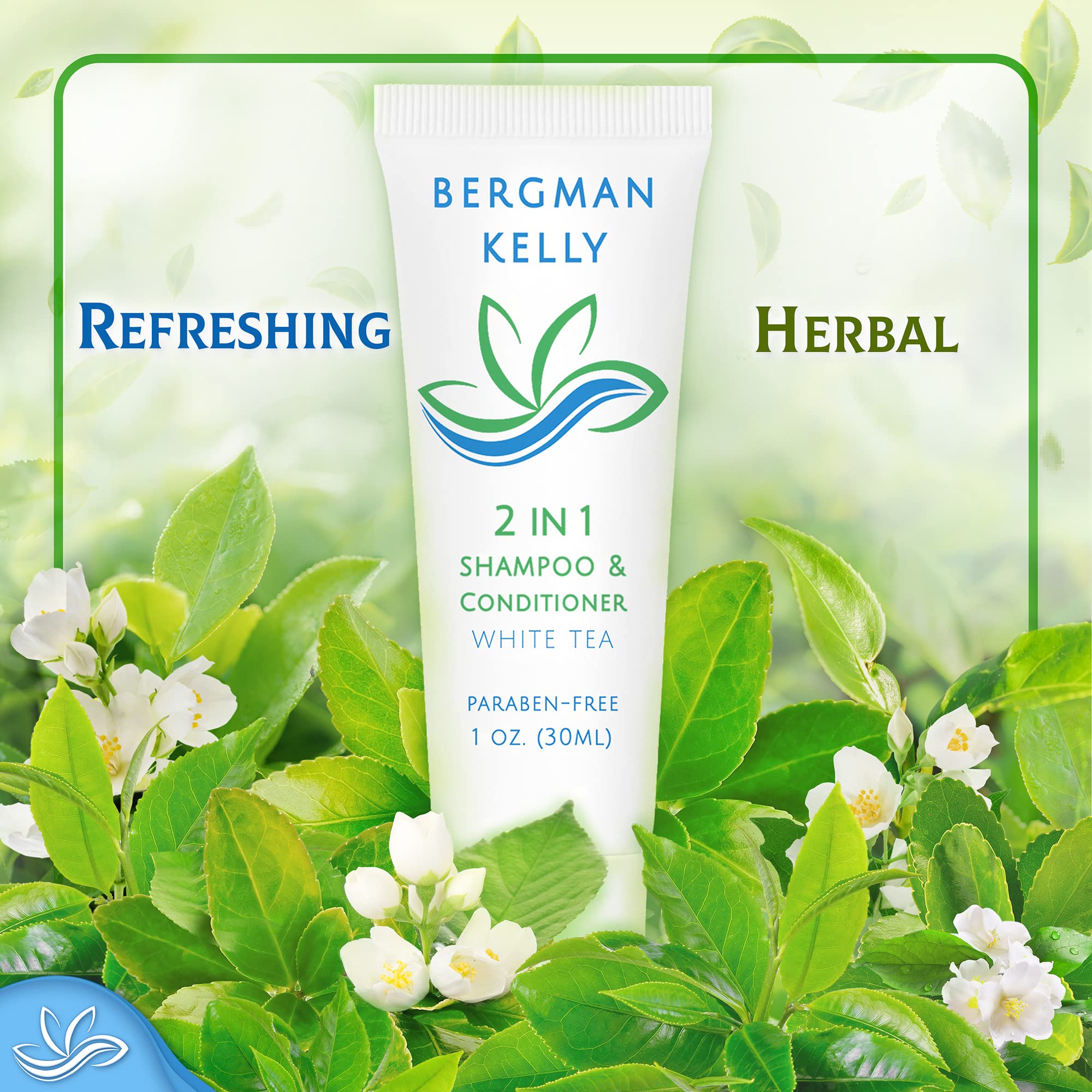 Bergman Kelly - 2 in 1 Travel Size Shampoo & Conditioner (1 fl oz, 100 Pack) - White Tea Scent - Bulk Hotel Toiletries for Guests | Revitalizing & Refreshing Hair Care | Perfect for Hotels, Spas, Gyms & Travel Amenities