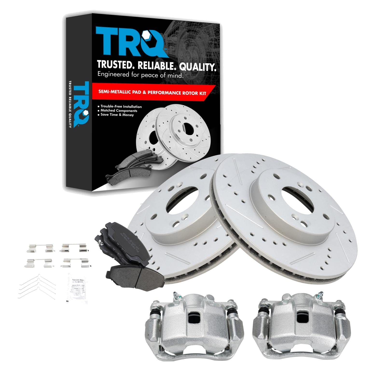 TRQ Front Performance Brake Pad & Rotor Kit - Semi-Metallic Vented G-Coated Brake Caliper Set for 2013-2014 Honda Fit | Smooth Stopping Power for City Driving & Daily Commutes