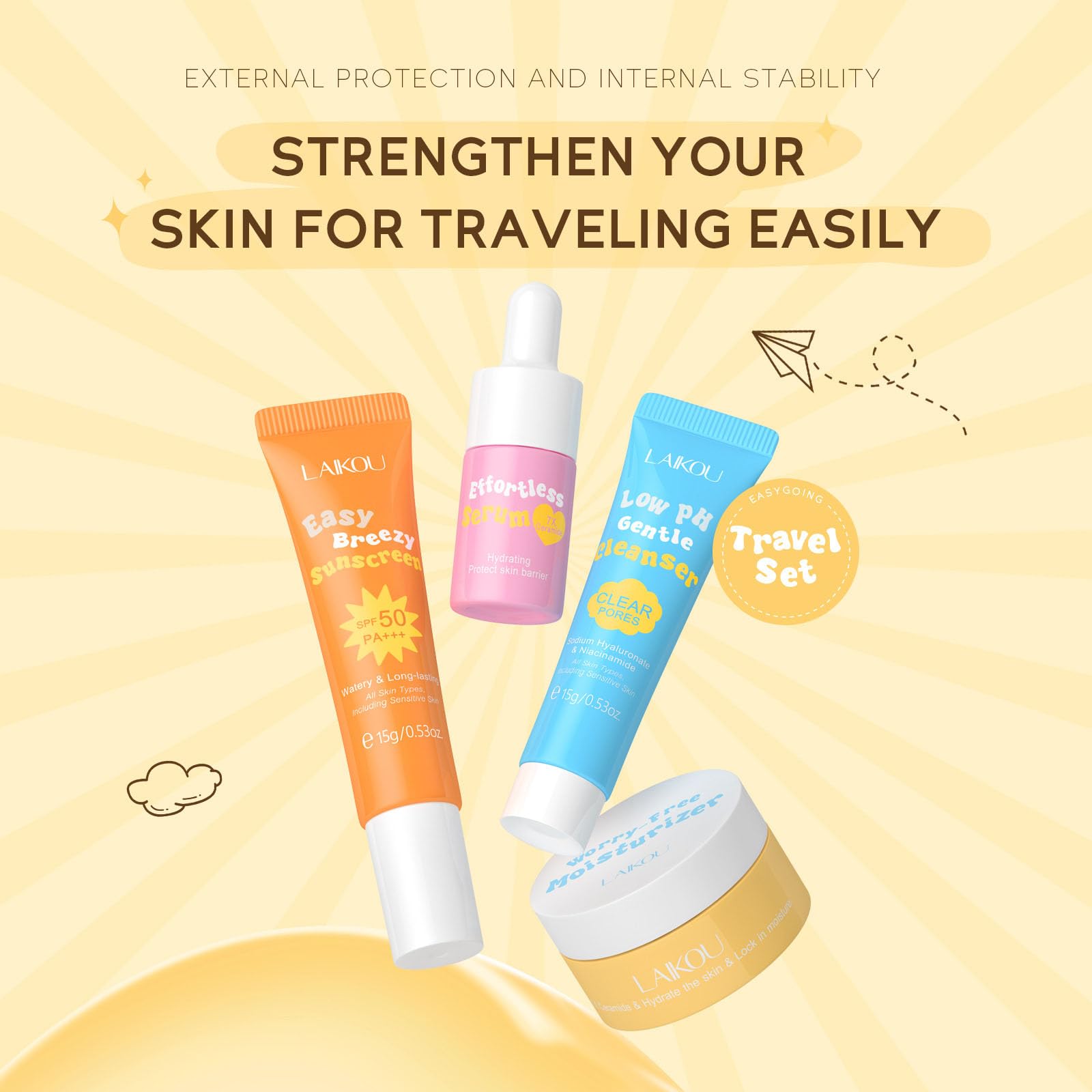 Hydrating Skincare Travel Kit - 4 Piece Mini Travel Size Set with Facial Cleanser, Moisturizing Cream, Serum & Sunscreen | Perfect Gift for Women & Teen Girls | Ideal for Air Travel, Vacation & On-the-Go Skincare Routine