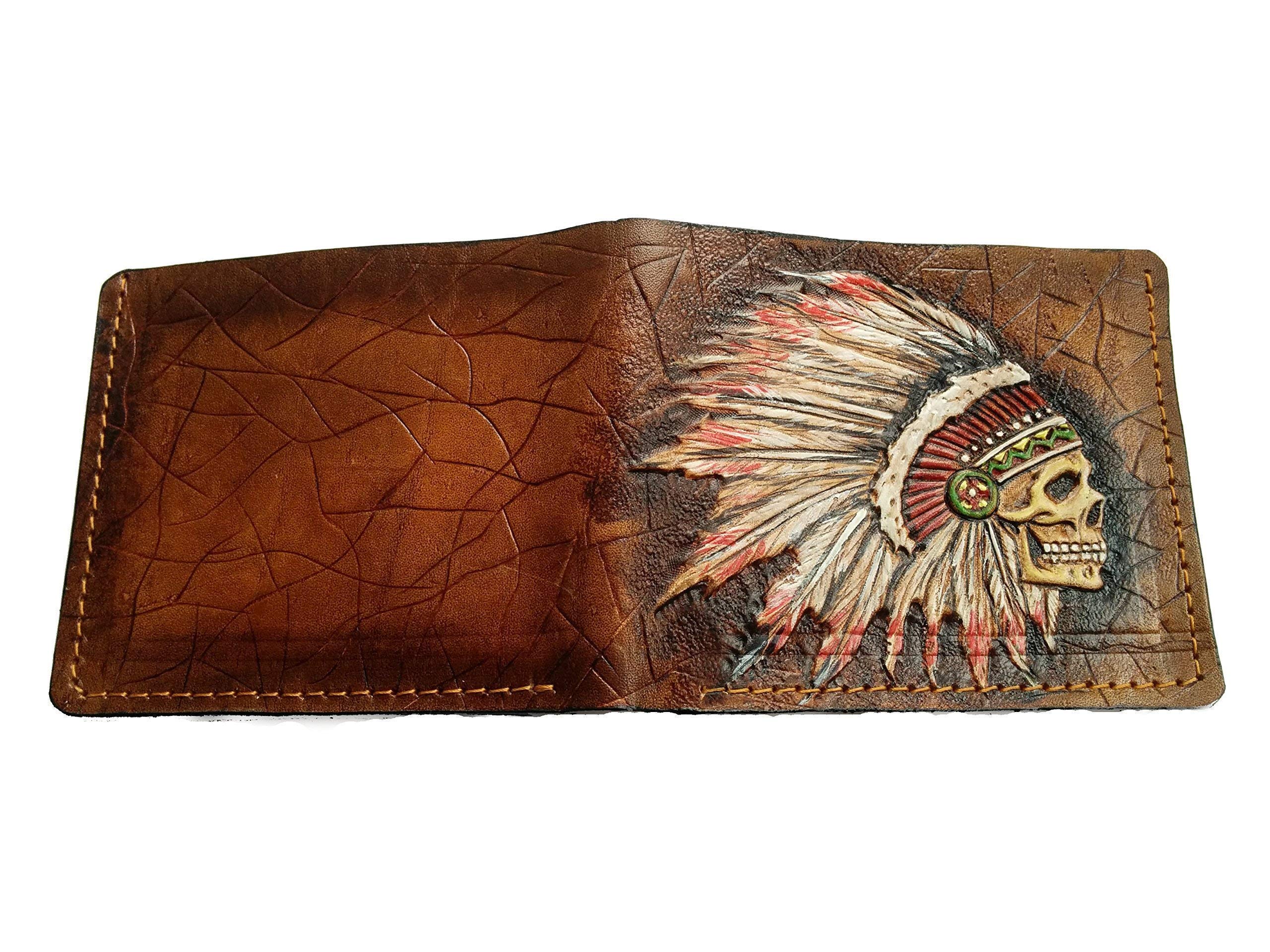 Patriotic Native American Indian Chief Skull RFID Bifold Wallet for Men - Genuine Leather Biker Wallet with Tribal Apache Skull & Feather Headdress Design - Handmade Embossed Leather Purse with Airbrush Art - Perfect for Motorcycle Riders, Gift Giving & Everyday Use