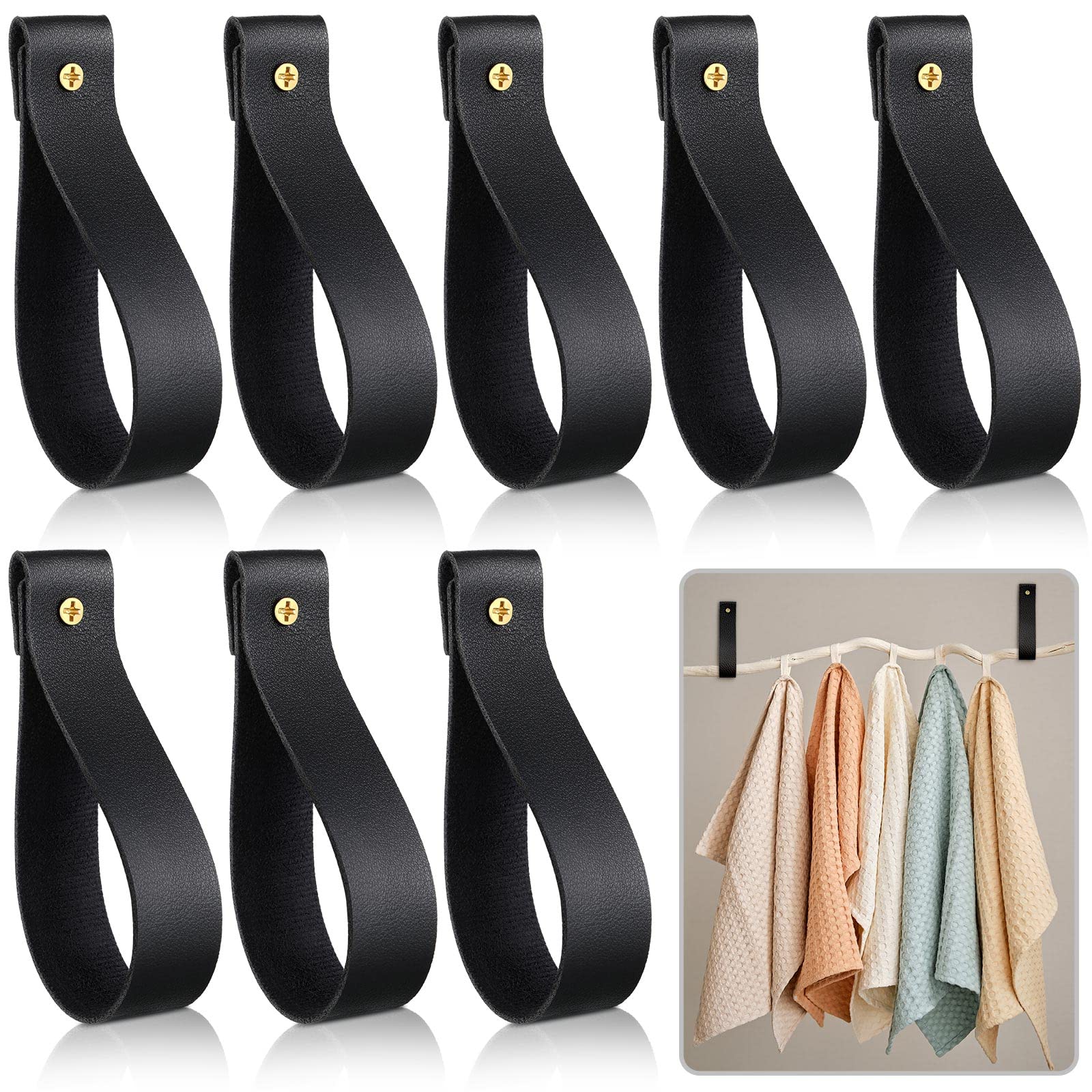 8 Pcs Black Artificial Leather Wall Hooks - 1 x 4.7 Inch Wall Mounted Loops for Hanging Towels, Robes & Accessories - Durable Bathroom, Kitchen & Bedroom Organizer for Home Decor & Storage