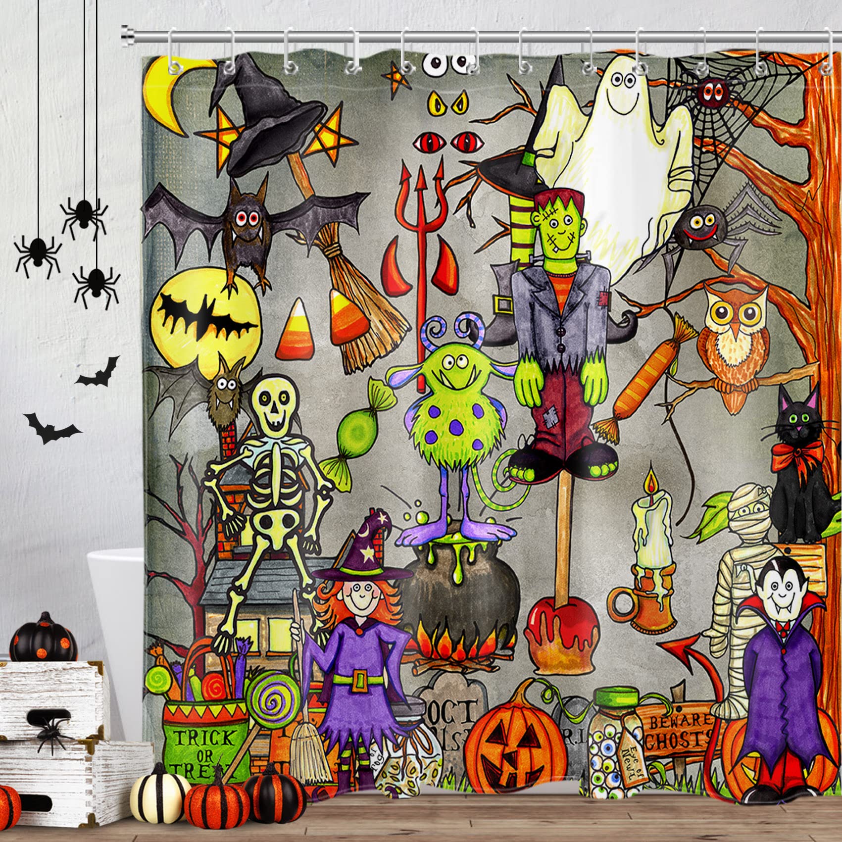 LB Witch Haunted House Vampire Halloween Shower Curtain Set - Black Gothic Spider Web Bathroom Decor for Kids & Adults, 72x78 Inch Extra Long Waterproof Shower Curtain with Hooks - Perfect for Halloween Party, Spooky Bathroom, Haunted House Theme Decor