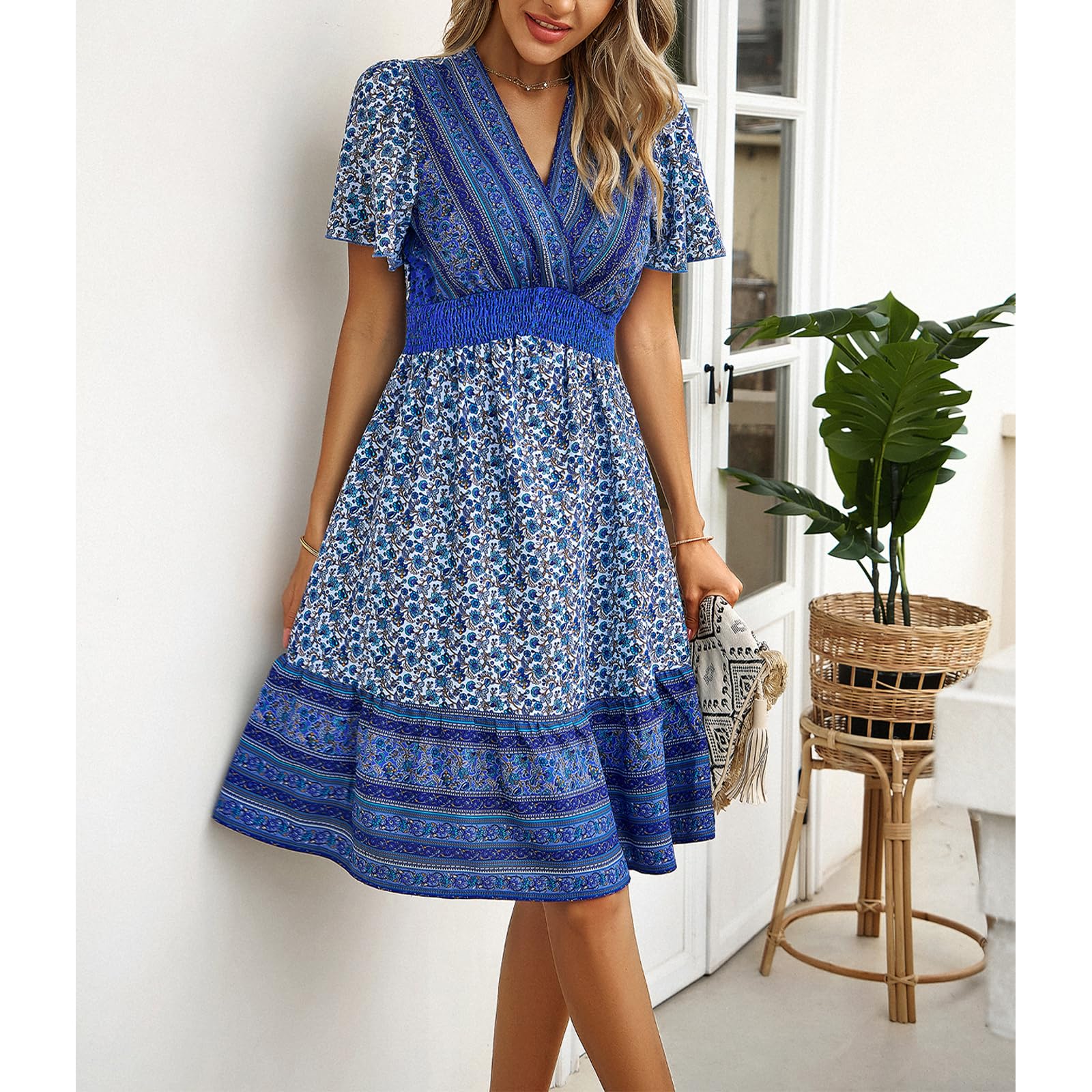 AILLOSA Women's Floral Boho Dress - V Neck Short Sleeve A-Line Midi Dress for Summer, Beach, Vacation & Casual Wear