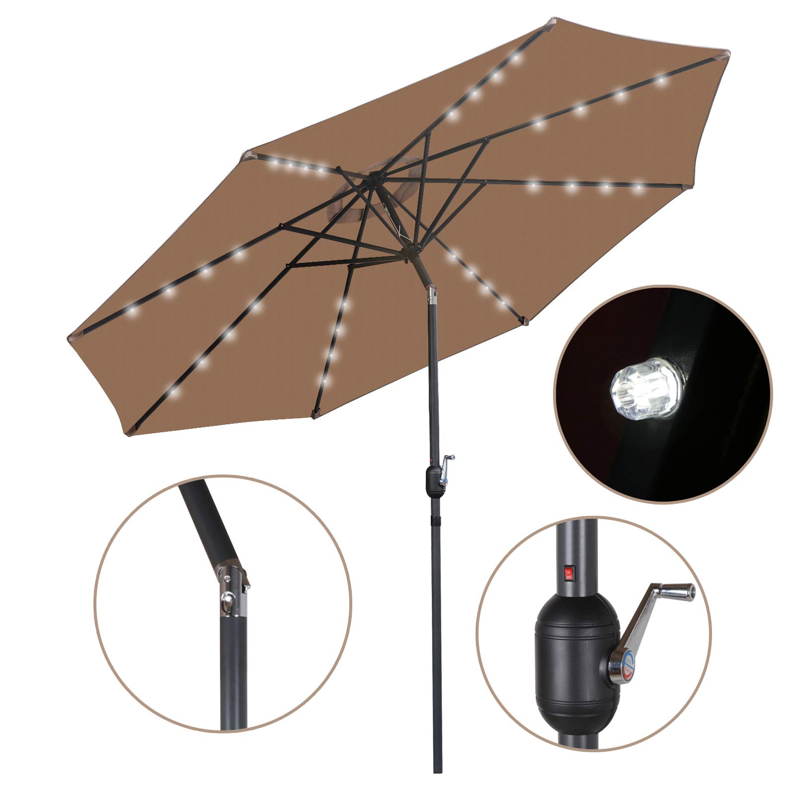 10FT Solar LED Patio Umbrella with Tilt System - Outdoor Aluminum Market Umbrella with 32 Fade-Resistant Lights - Perfect for Garden, Backyard, Party & Birthday Celebrations