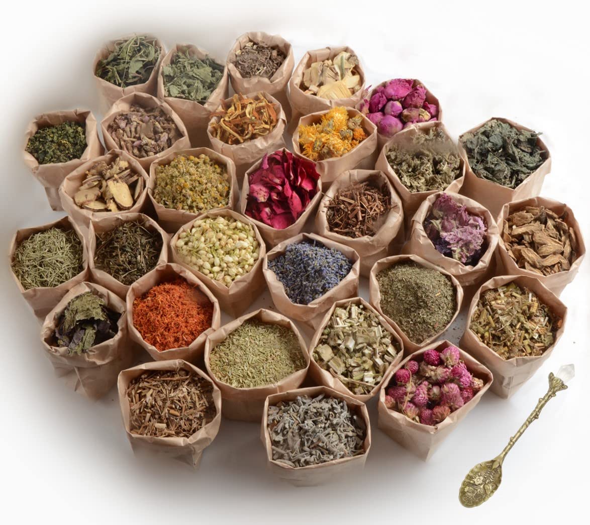 30 Premium Wiccan Herbs Kit for Witchcraft - Protection Herbs, Spell Ingredients & Wicca Altar Supplies with Free Crystal Spoon - Perfect for Rituals, Magic Spells & Spiritual Practices