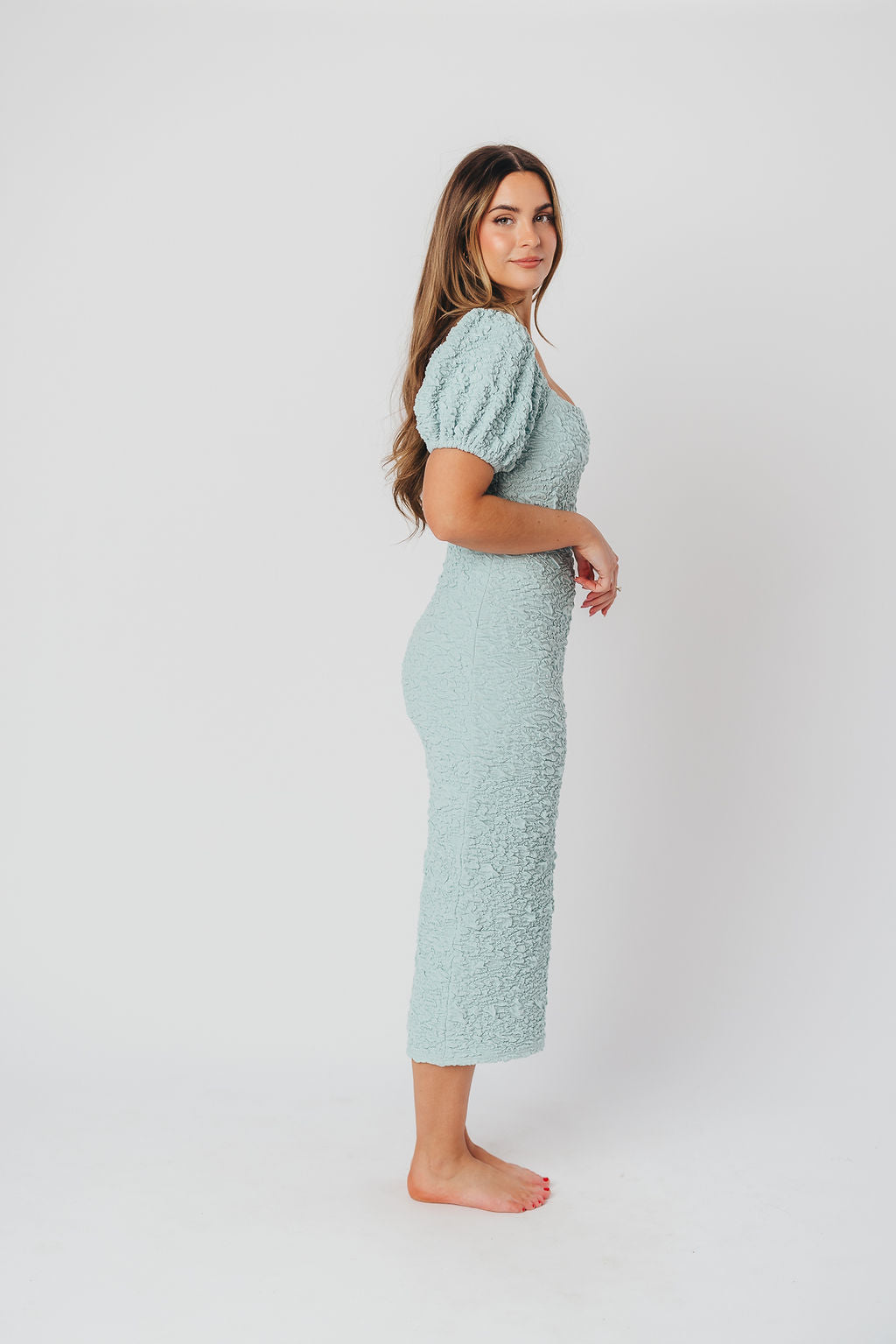 Blakeley Textured Midi Dress - Seafoam Green Bump Friendly Maternity Dress for Women | Perfect for Baby Showers, Maternity Photos & Everyday Wear
