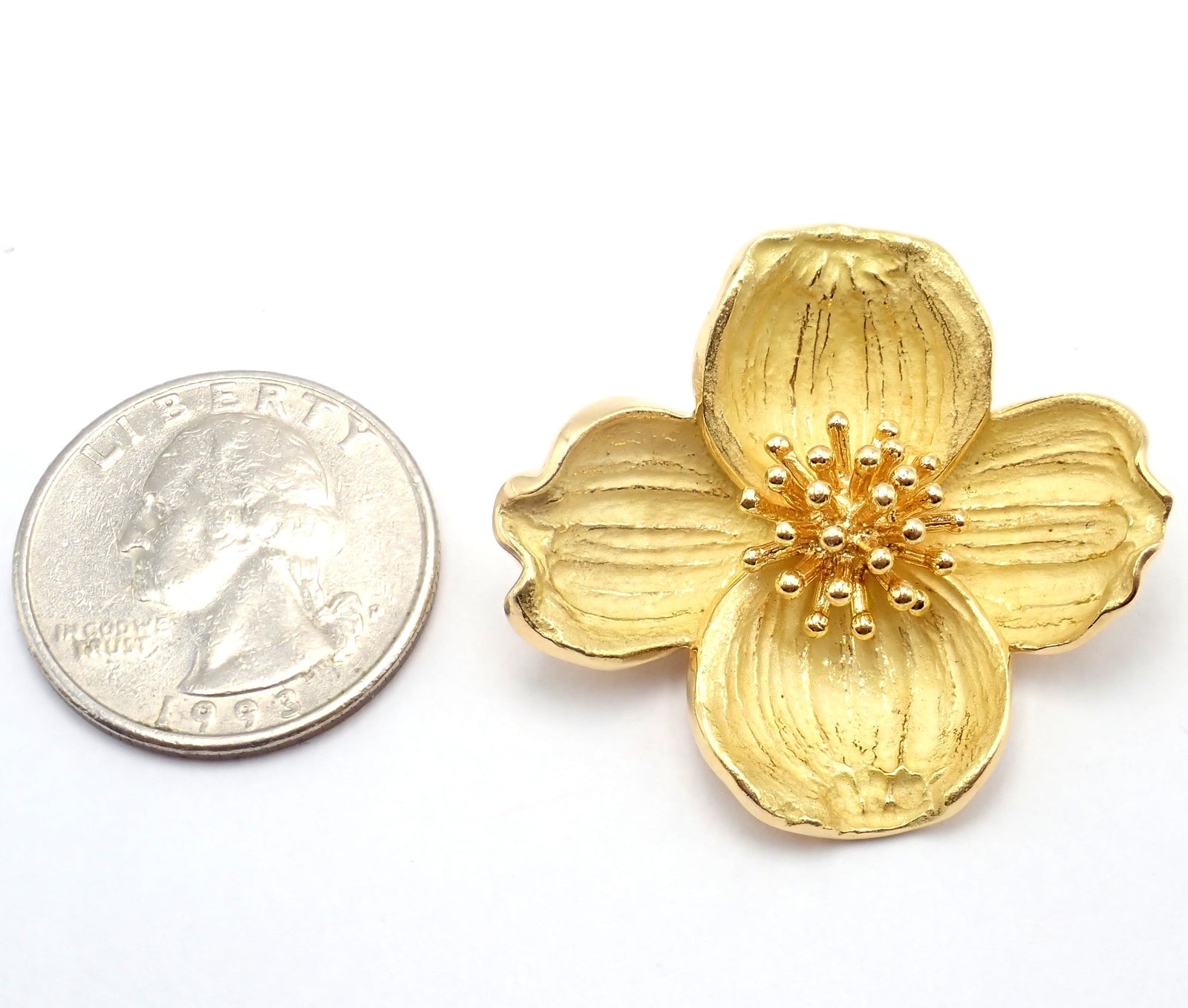 Authentic Tiffany & Co. 18k Yellow Gold Dogwood Flower Pin Brooch - Elegant Jewelry Gift for Women, Perfect for Weddings, Anniversaries & Special Occasions