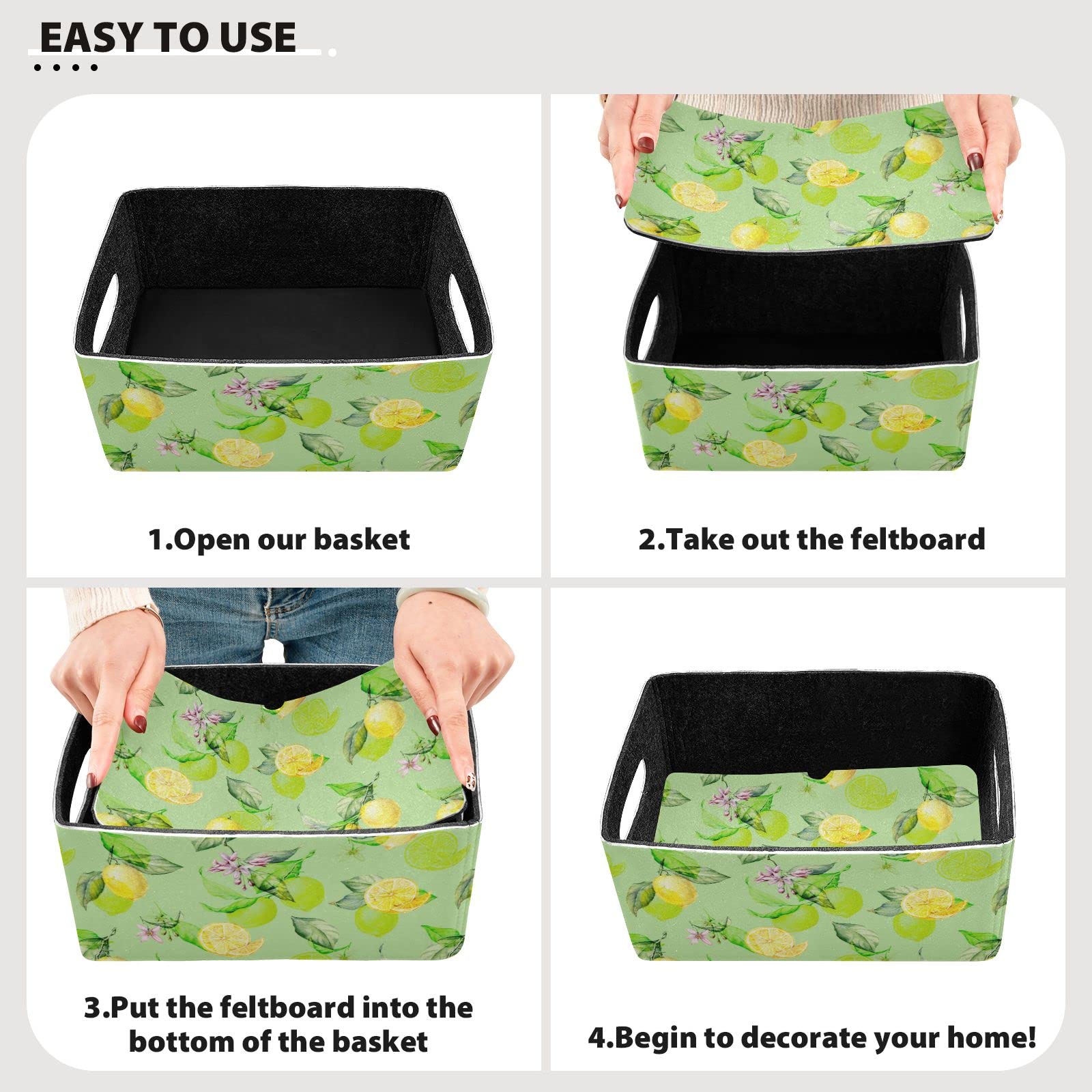 Fresh Lemons Folding Felt Storage Basket Set of 2 - Collapsible Storage Box for Clothes, Toys & Home Organization - Perfect for Nursery, Closet & Shelves (Flowers Leaves Design)