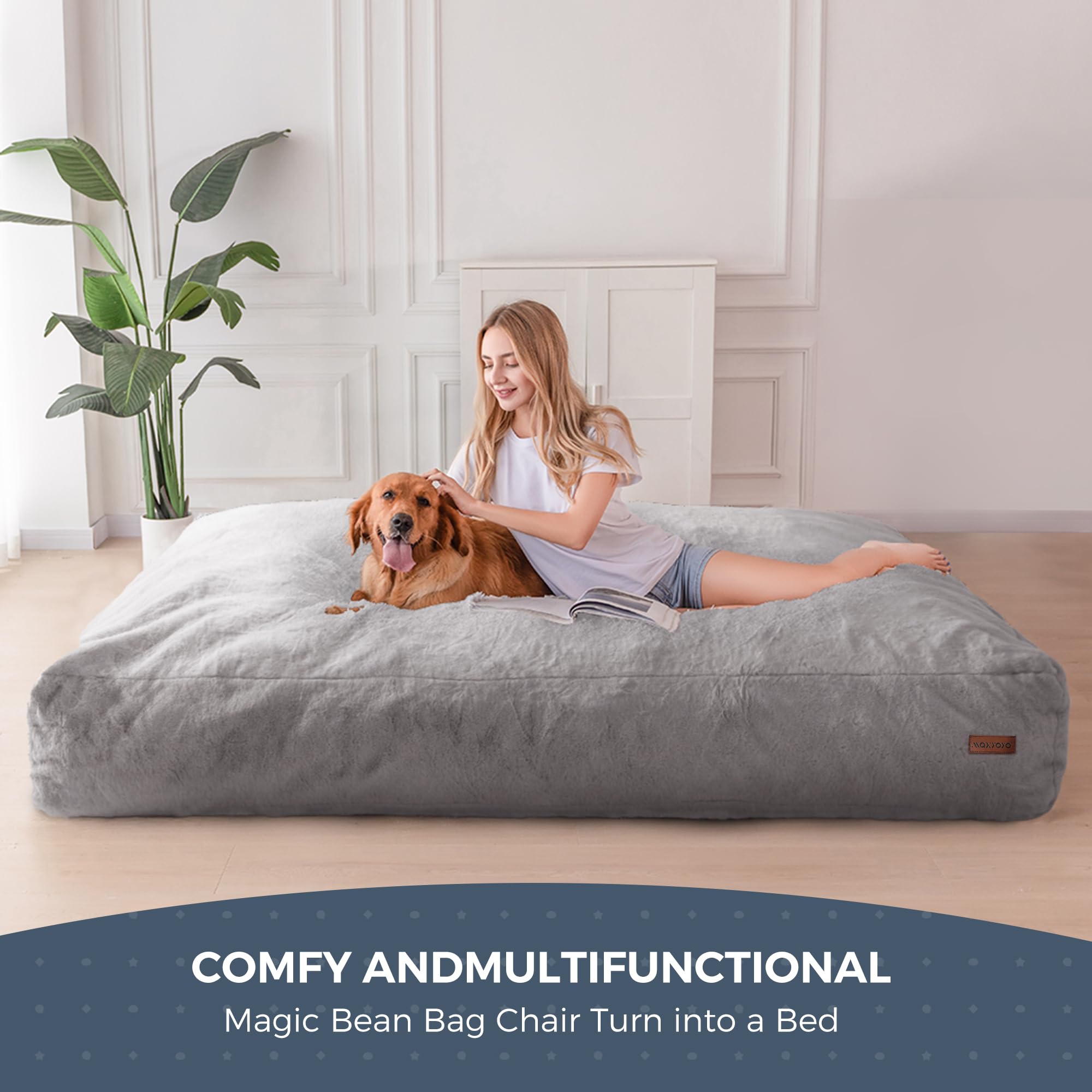 MAXYOYO Giant Bean Bag Chair - Faux Fur Convertible Sofa Bed, Transforms from Lounge Chair to Floor Mattress (Light Grey) | Perfect for Living Room, Bedroom, Dorm & Game Room Relaxation