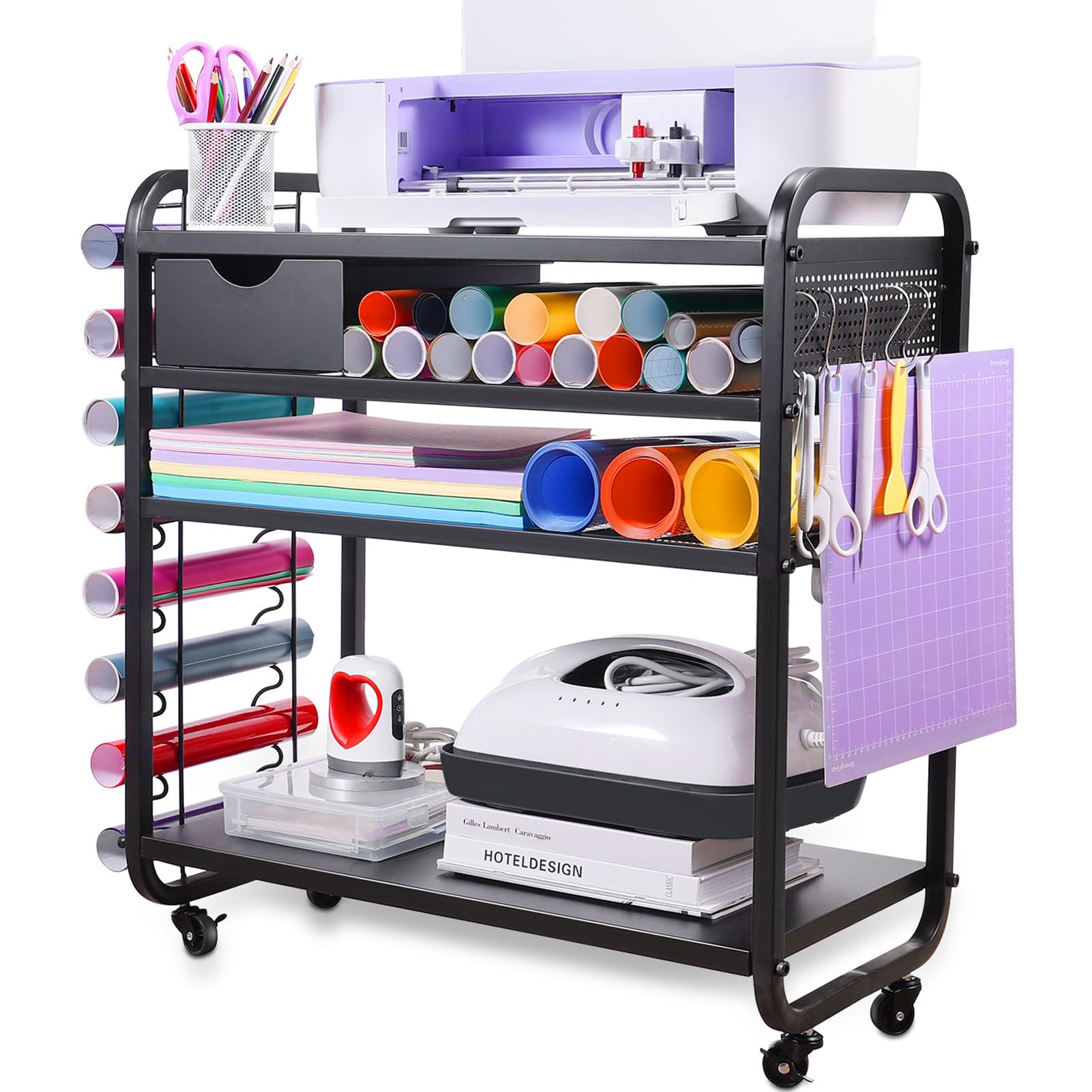 Cricut Compatible Craft Cart with DIY Pegboard & Vinyl Roll Holder - Rolling Craft Organizer & Storage Cabinet for Scrapbooking, DIY Projects, and Home Office Workstation - Perfect for Craft Rooms, Workshops, and Mobile Crafting Stations