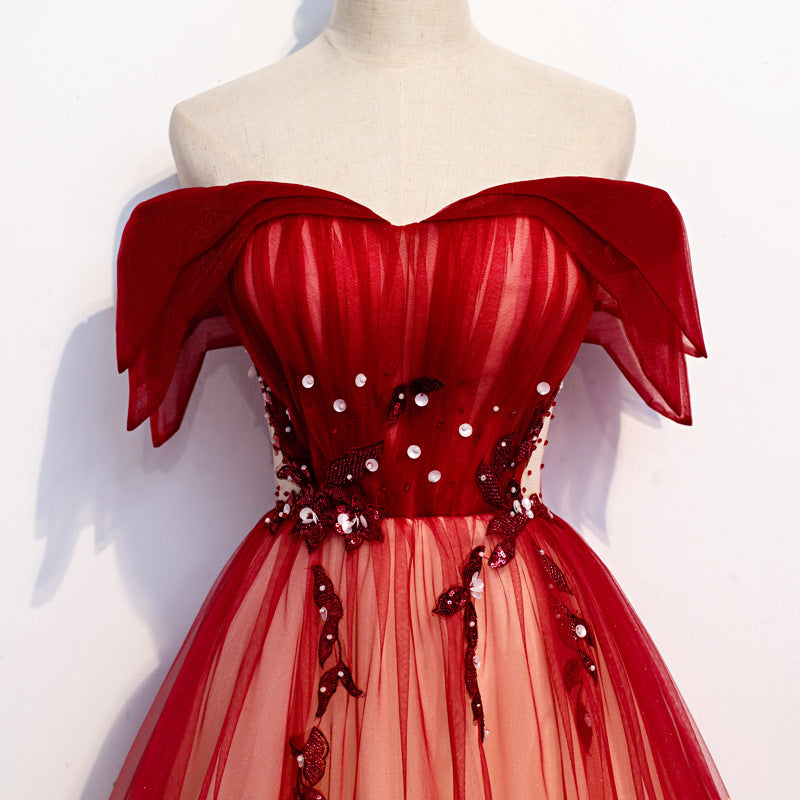Elegant Off Shoulder White Tulle Prom Dress with Red A-Line Skirt - Perfect for Evening Parties, Homecoming Dances & Formal Events