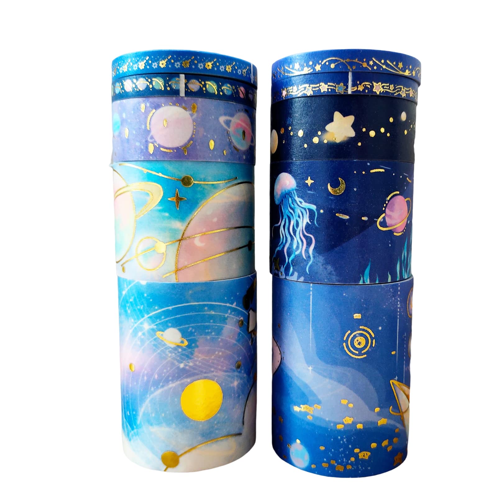 10 Rolls Gold Foil Washi Tape Set - Aesthetic Scrapbook Tapes with Planet, Star & Ocean Designs for DIY Crafts, Bullet Journaling, Scrapbooking | Perfect for Gift Wrapping, Card Making & Home Decor