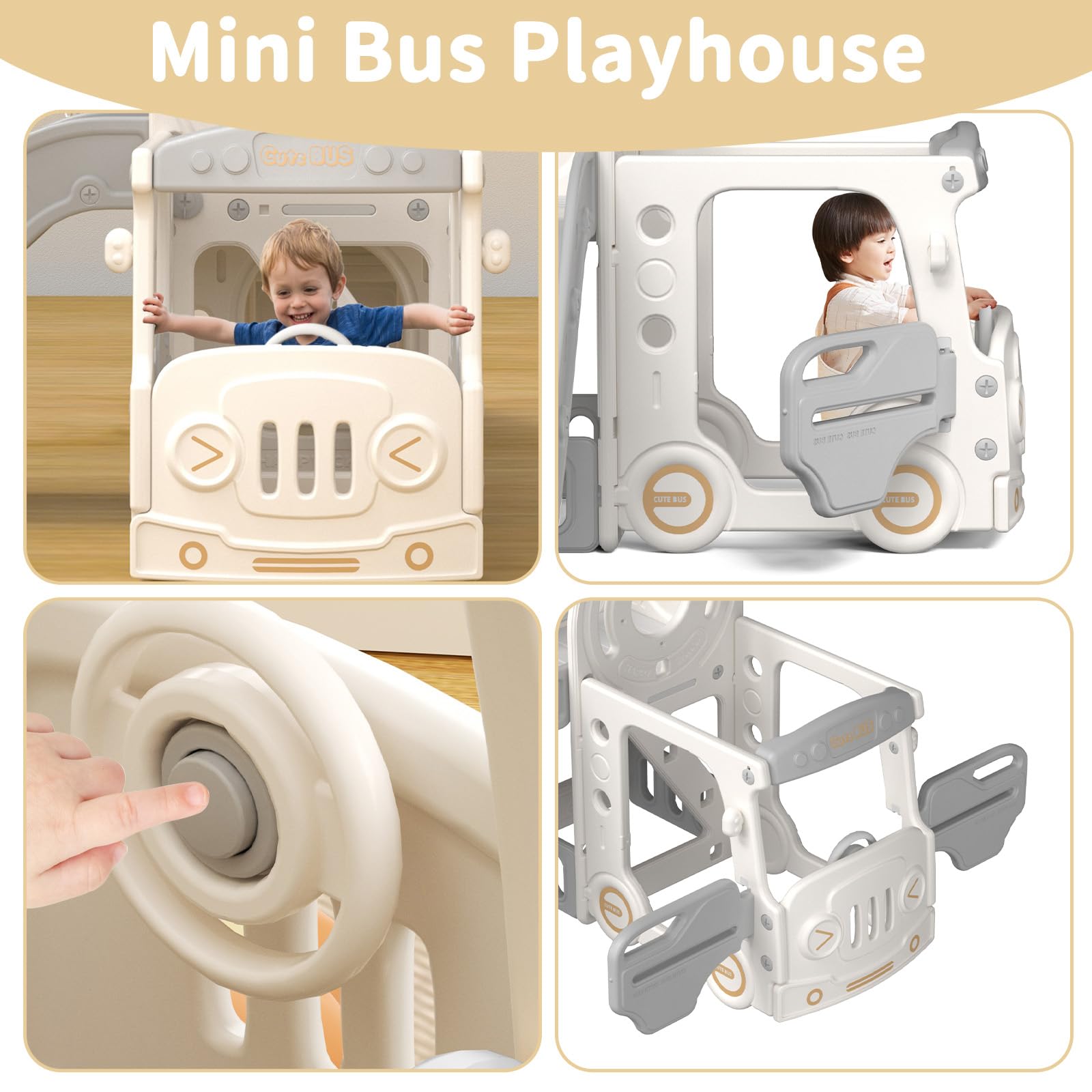 10-in-1 Toddler Slide Outdoor Playset with Bus Playhouse, Telescope & Basketball Hoop - Freestanding Kids Slide for Indoor/Outdoor Play - Perfect for Ages 1-3 Years (Grey) - Great for Backyards, Daycares & Preschool Play Areas