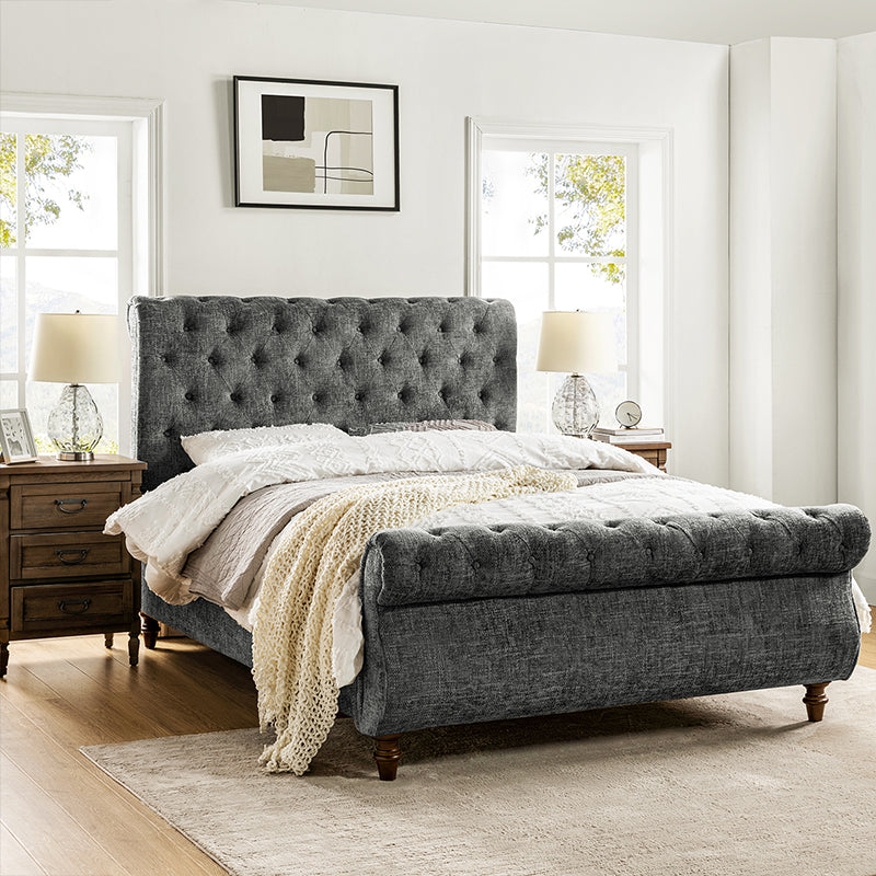 Deirdre Upholstered Sleigh Platform Bed - Queen Size with Solid Wood Frame & Luxe Fabric Headboard - Perfect for Modern Bedroom & Guest Room Decor