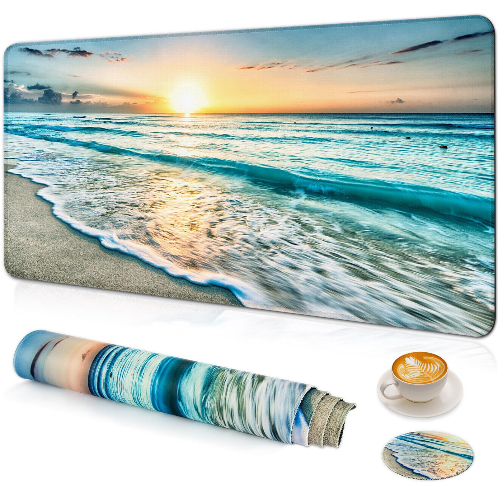 Extra Large Gaming Mouse Pad with Cup Holder - 31.5x15.6 Inch Non-Slip Desk Mat for Computer, Keyboard & Laptop - Stitched Edge Office Desk Protector (Beach Design) - Perfect for Gaming Setups & Home Office Workspaces