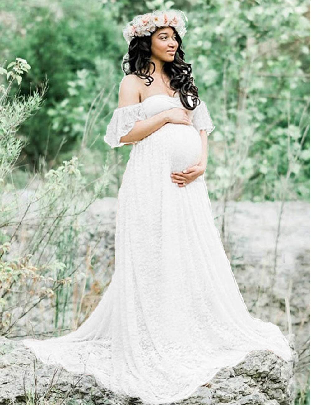 **Elegant Maternity Off-Shoulder Ruffle Sleeve Lace Maxi Dress for Women – Perfect for Photoshoots, Baby Showers & Special Occasions**