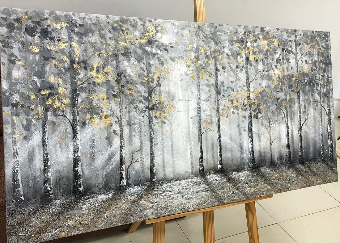 V-inspire Art - 24x48 Inch Hand-Painted Modern Impressionist Tree Oil Painting on Canvas | Large Gray Wall Decor for Living Room, Bedroom & Office | Acrylic Knife Painting Technique