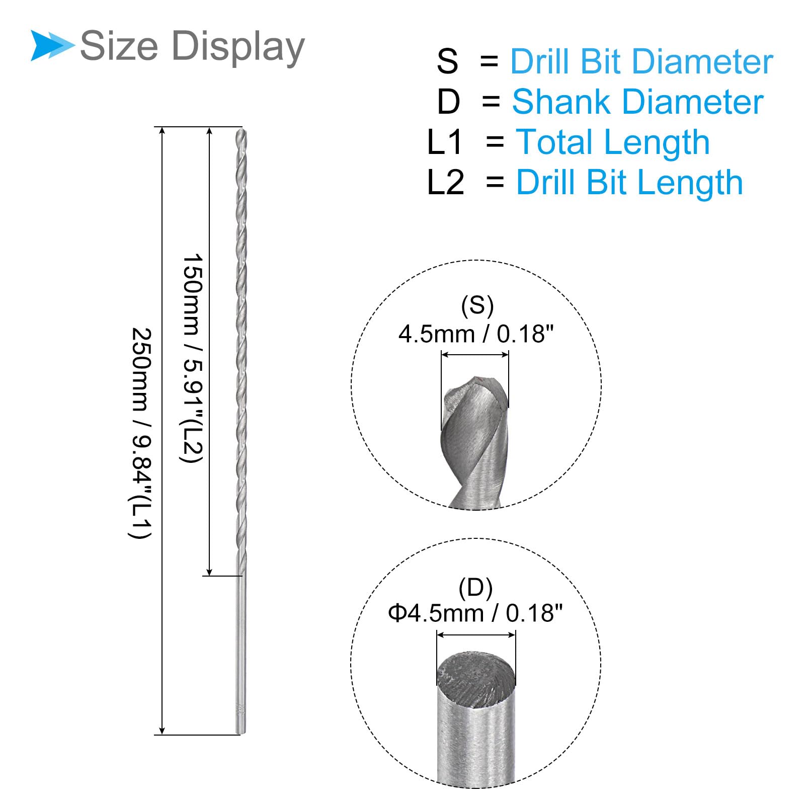 4.5mm x 250mm Extra Long High Speed Steel Twist Drill Bit for Metal, Wood & Copper - Perfect for Deep Hole Drilling in DIY Projects, Woodworking & Metal Fabrication