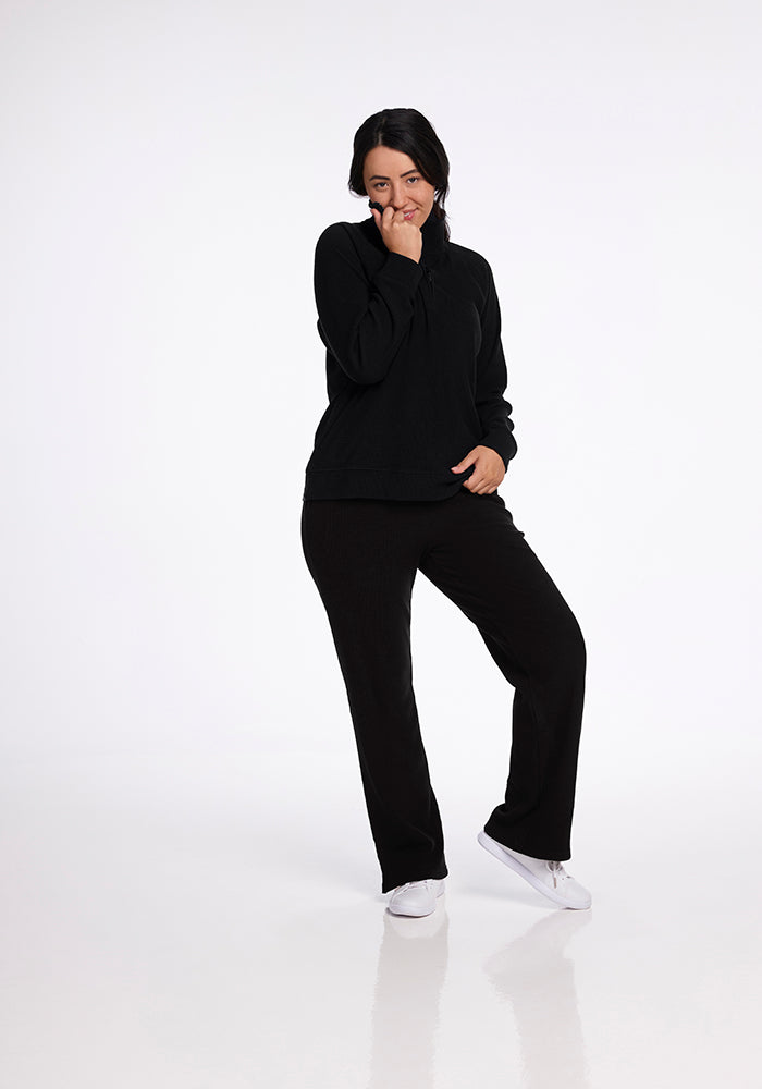 Quinn Ribbed 1/4 Zip Pullover Sweater for Women - Soft & Stretchy Black Knit Top - Perfect for Casual Wear, Office Outfits & Fall Layering