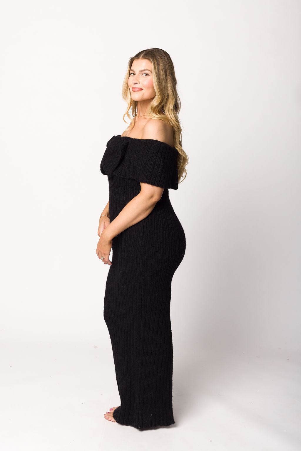 Aston Black Bow Front Maxi Sweater Dress - Bump Friendly Maternity Wear for Pregnancy, Nursing & Everyday Comfort | Plus Size Options Available