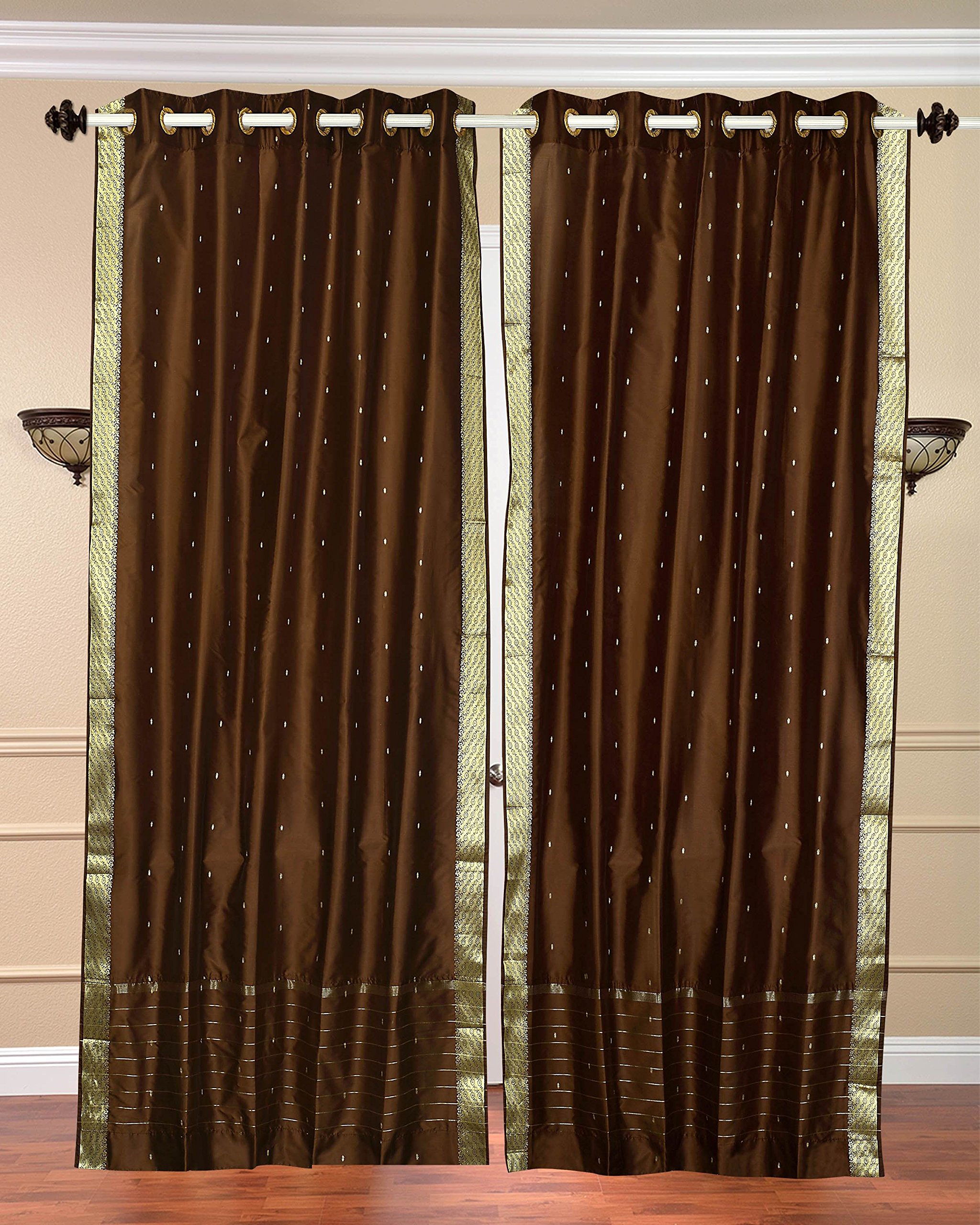 Indian Selections Lined Brown Grommet Top Sheer Sari Curtains - 43W x 63L - Pair - Elegant Window Treatment for Living Room & Bedroom
