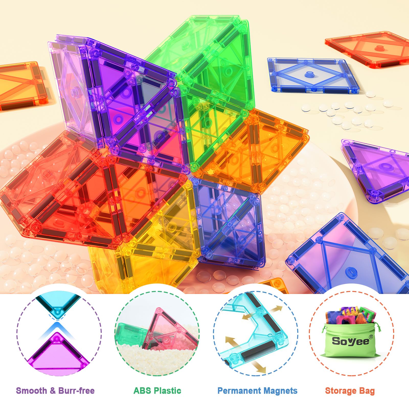 52PCS Magnetic Tiles Building Blocks - STEM Educational Toys for Kids Ages 3+ | Montessori Sensory Learning Toys for Toddlers Boys & Girls | Perfect for Classroom, Birthday Gifts & Creative Play at Home